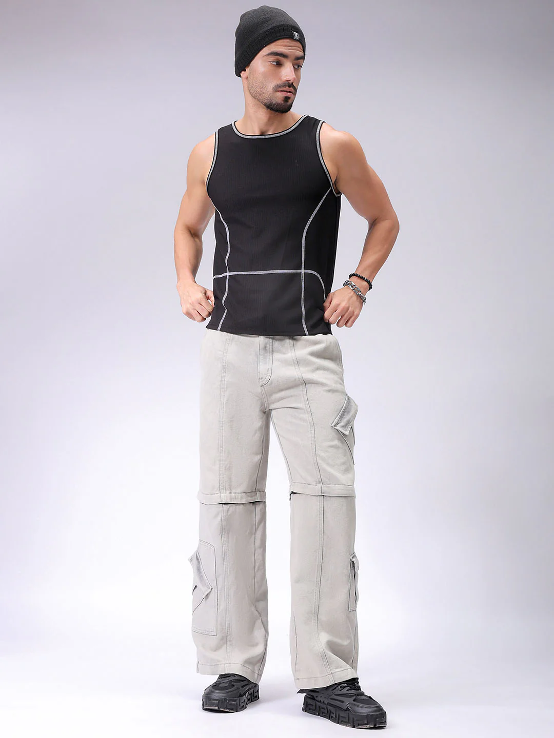 Men's Light Grey Wide Leg Fit Solid Utility Jeans - Image 4