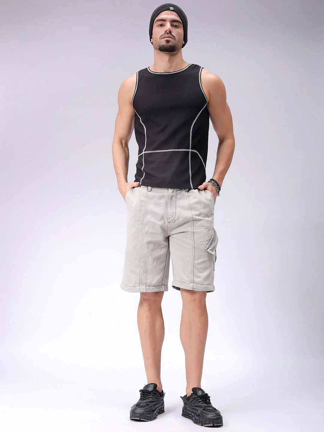 Men's Light Grey Wide Leg Fit Solid Utility Jeans - Image 5