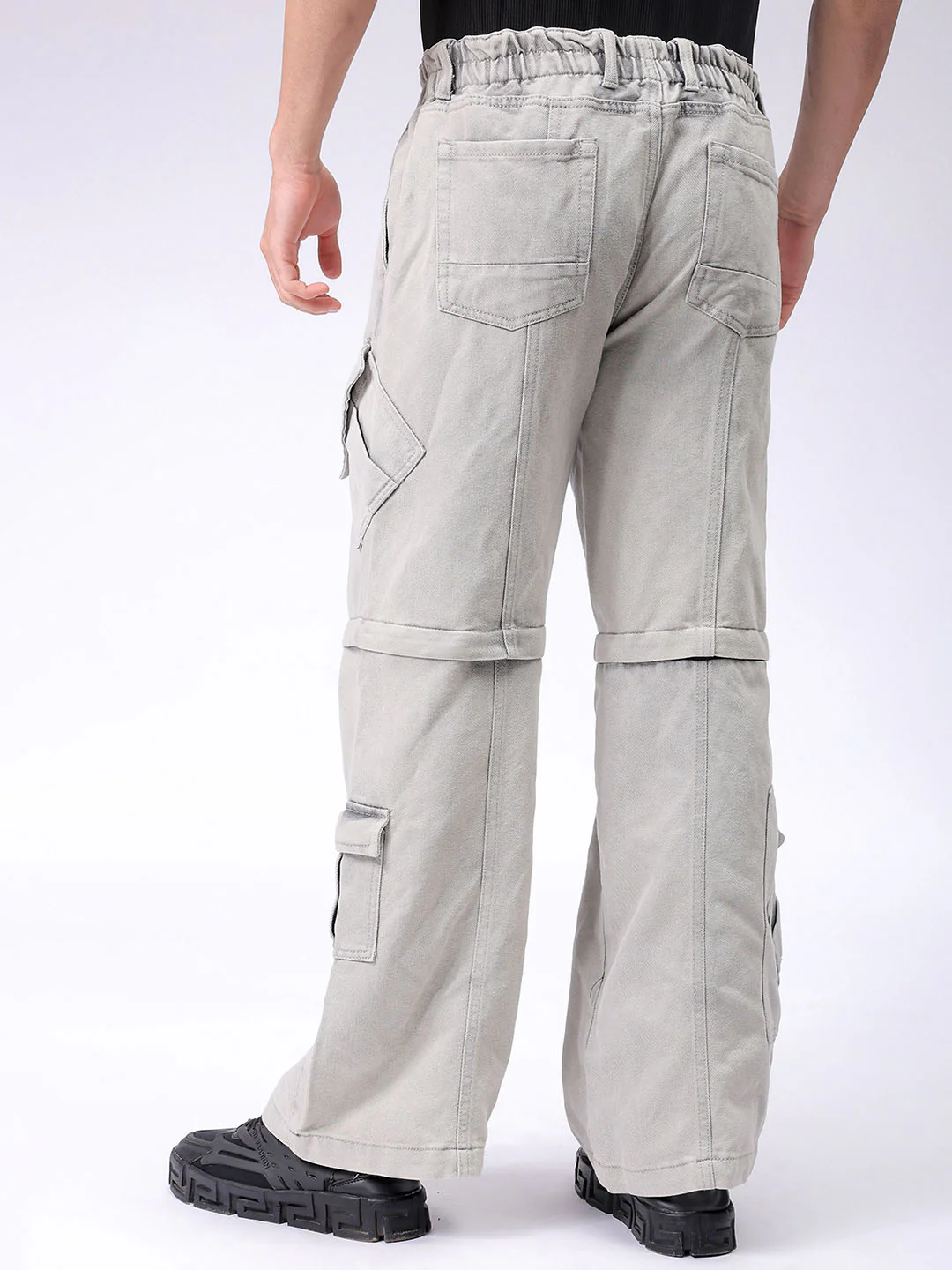 Men's Light Grey Wide Leg Fit Solid Utility Jeans - Image 6