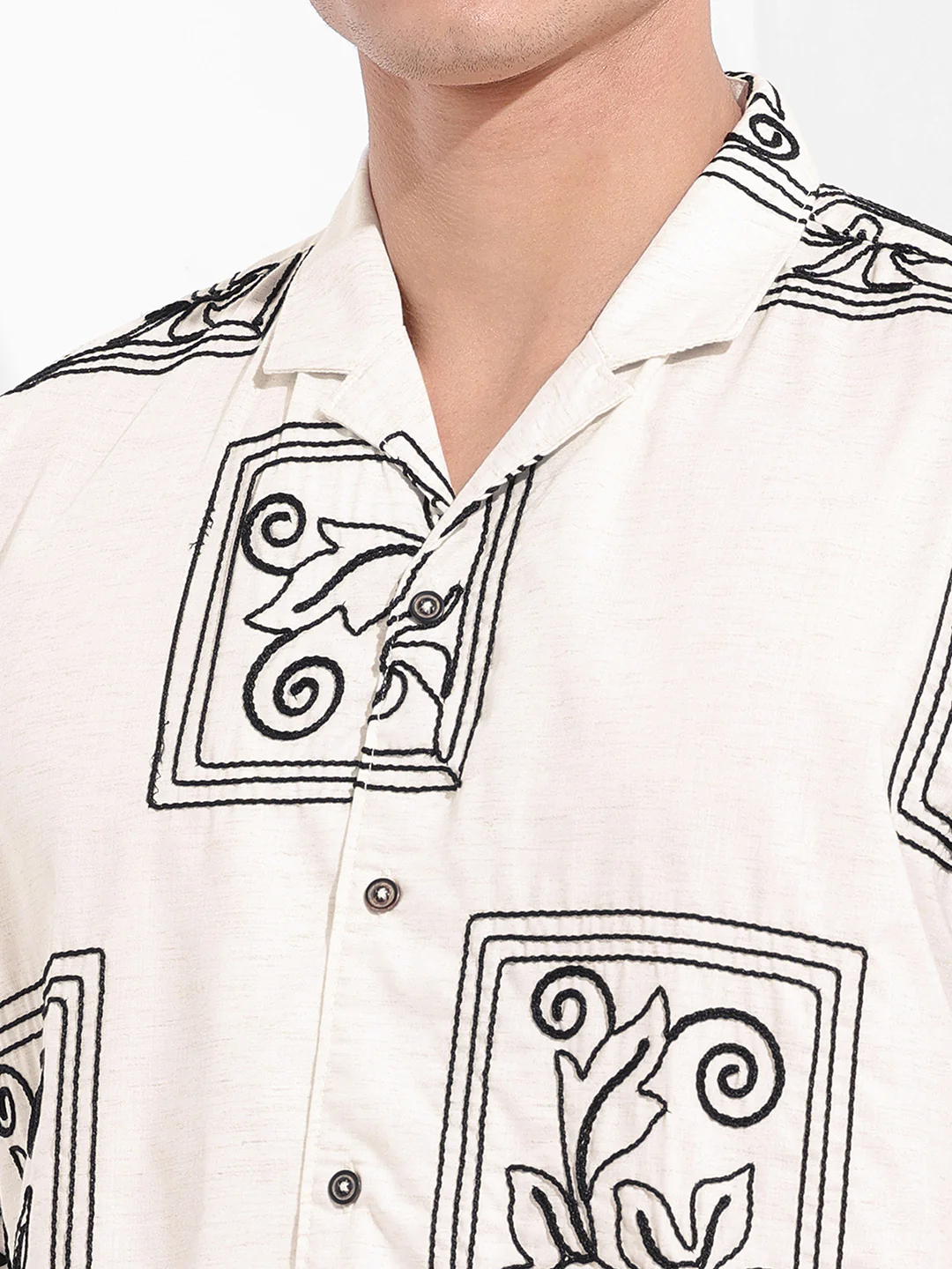 Men's Beige Relaxed Fit Textured Embroidered Shirt - Image 7