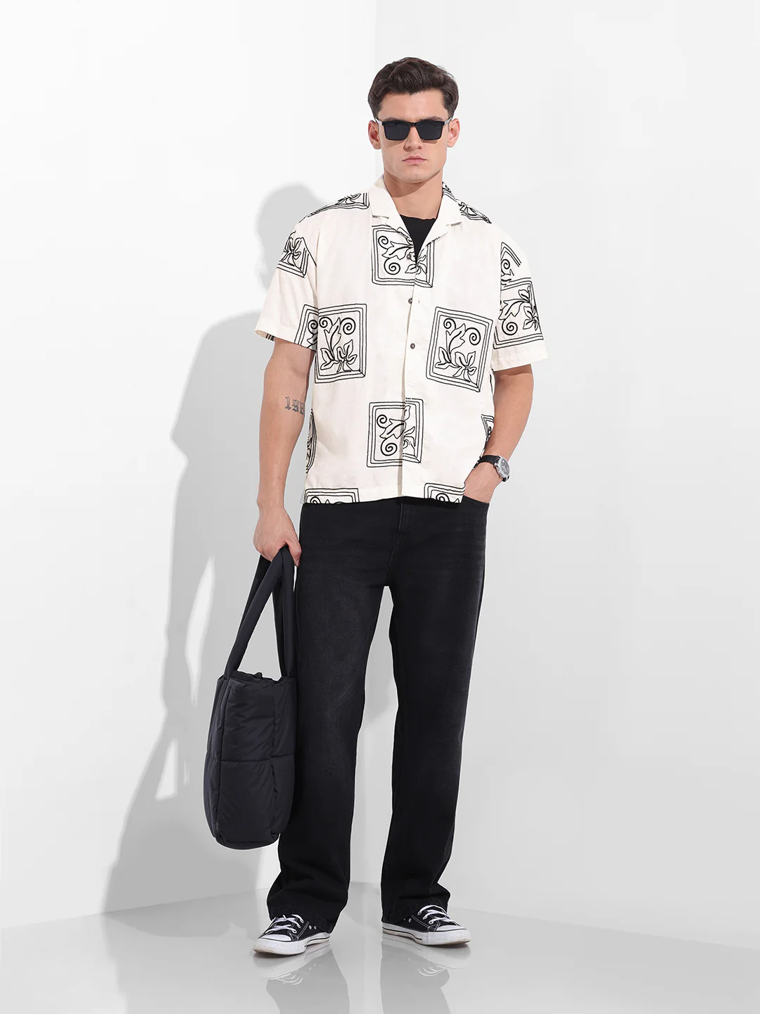 Men's Beige Relaxed Fit Textured Embroidered Shirt - Image 9