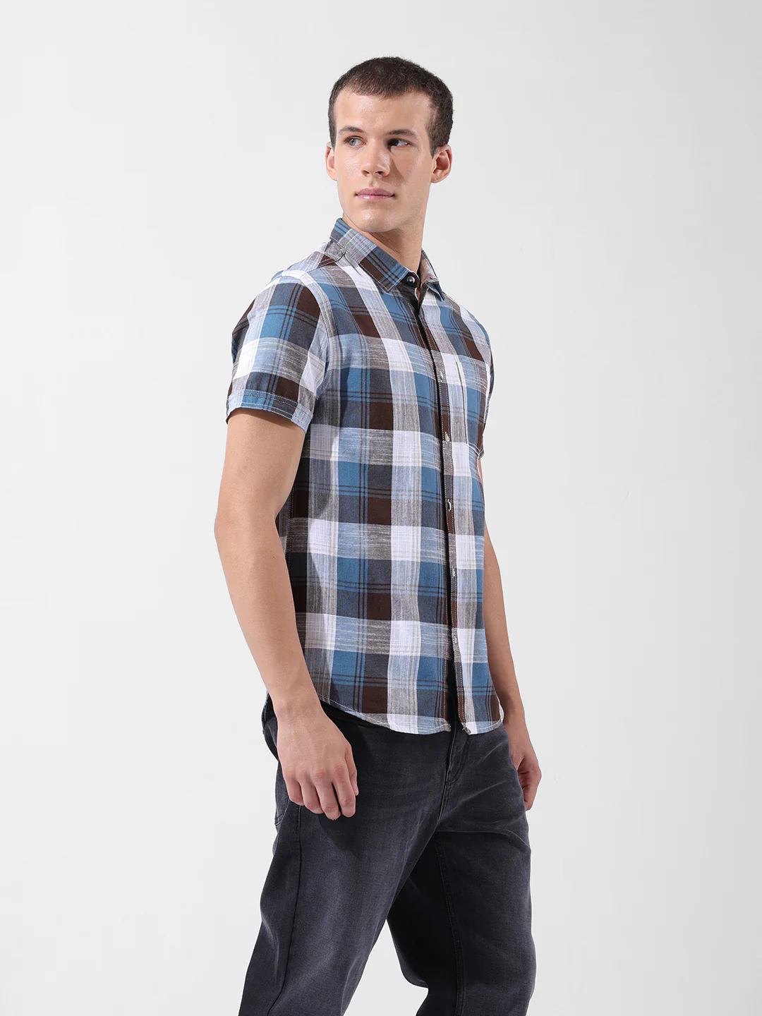 Men's Blue Slim Fit Checked Casual Shirt - Image 2