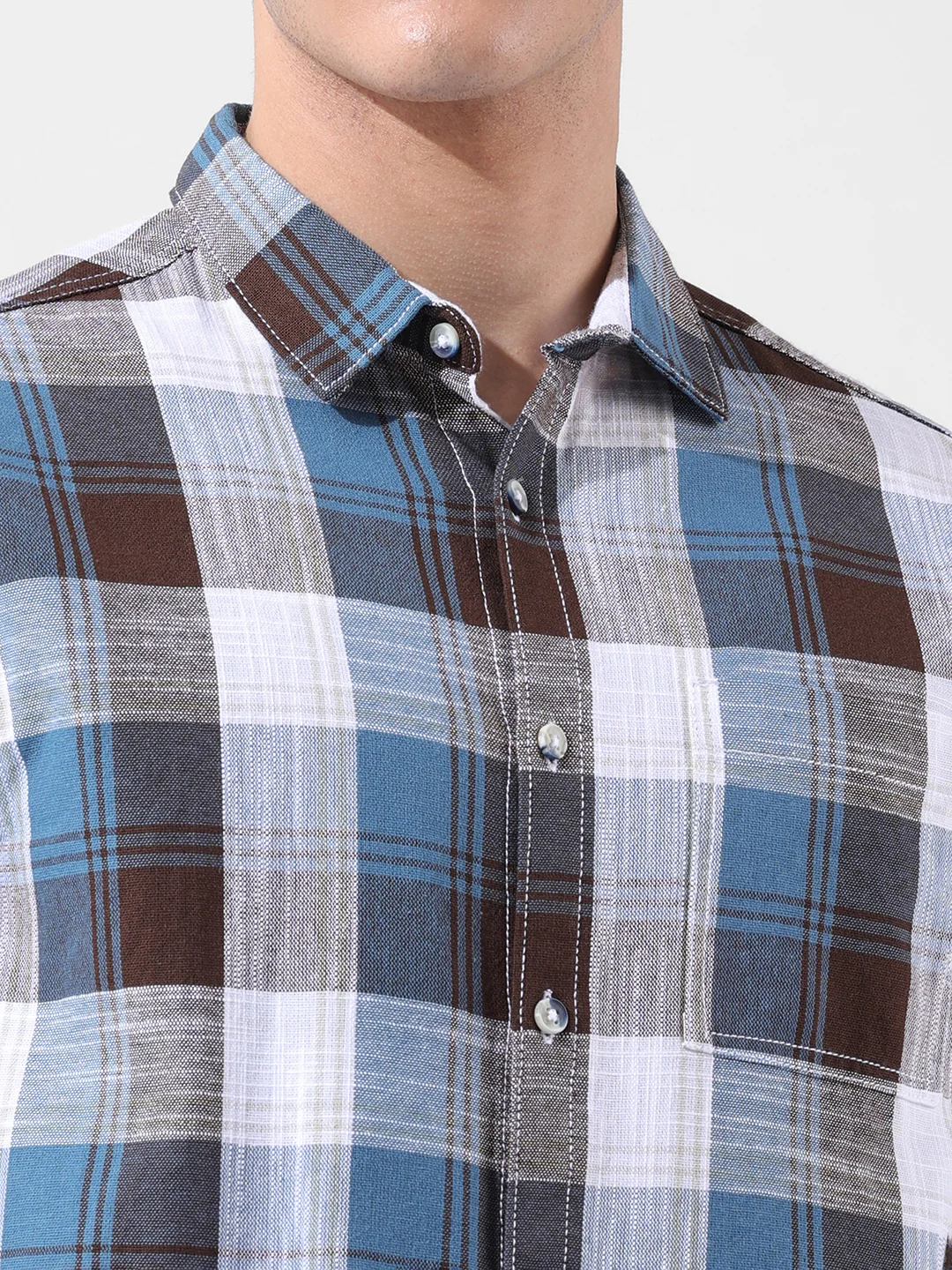 Men's Blue Slim Fit Checked Casual Shirt - Image 3