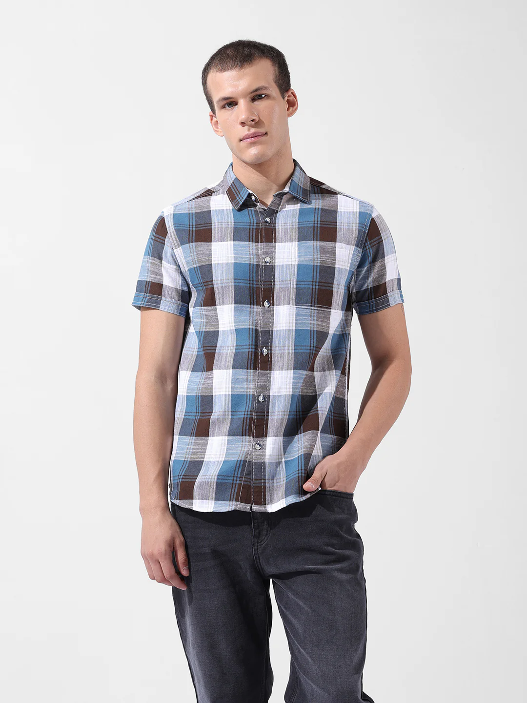 Men's Blue Slim Fit Checked Casual Shirt - Image 7
