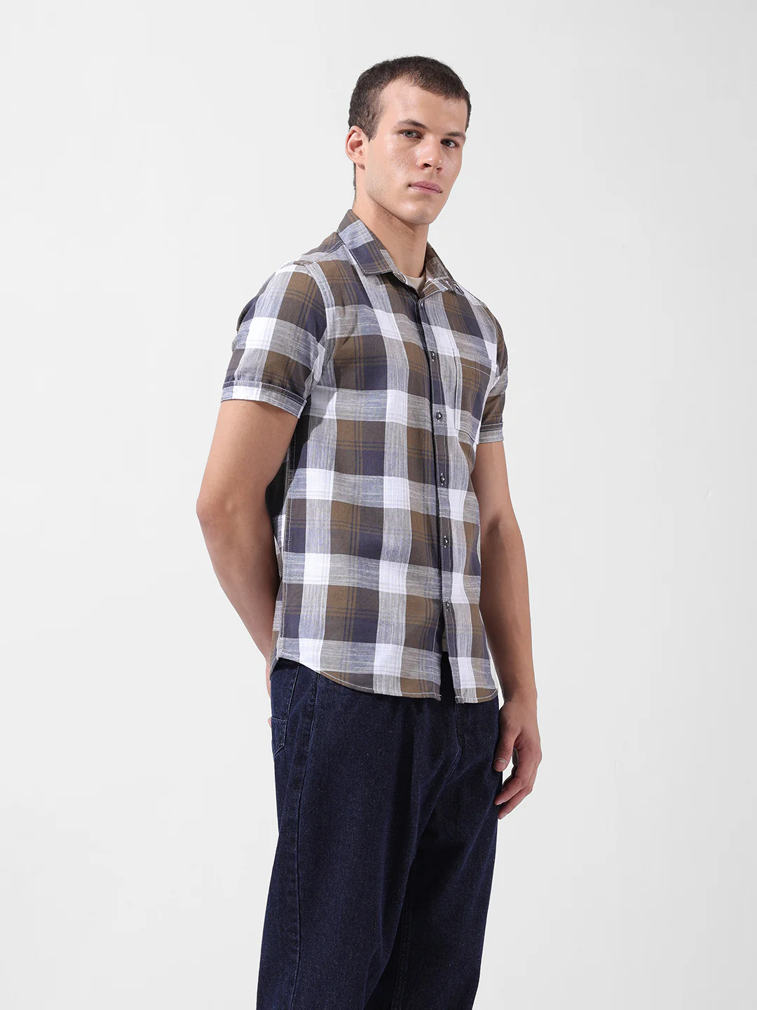 Men's Khaki Slim Fit Checked Casual Shirt - Image 2