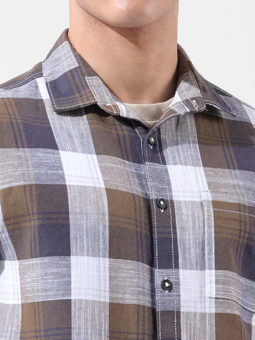 Men's Khaki Slim Fit Checked Casual Shirt - Image 3