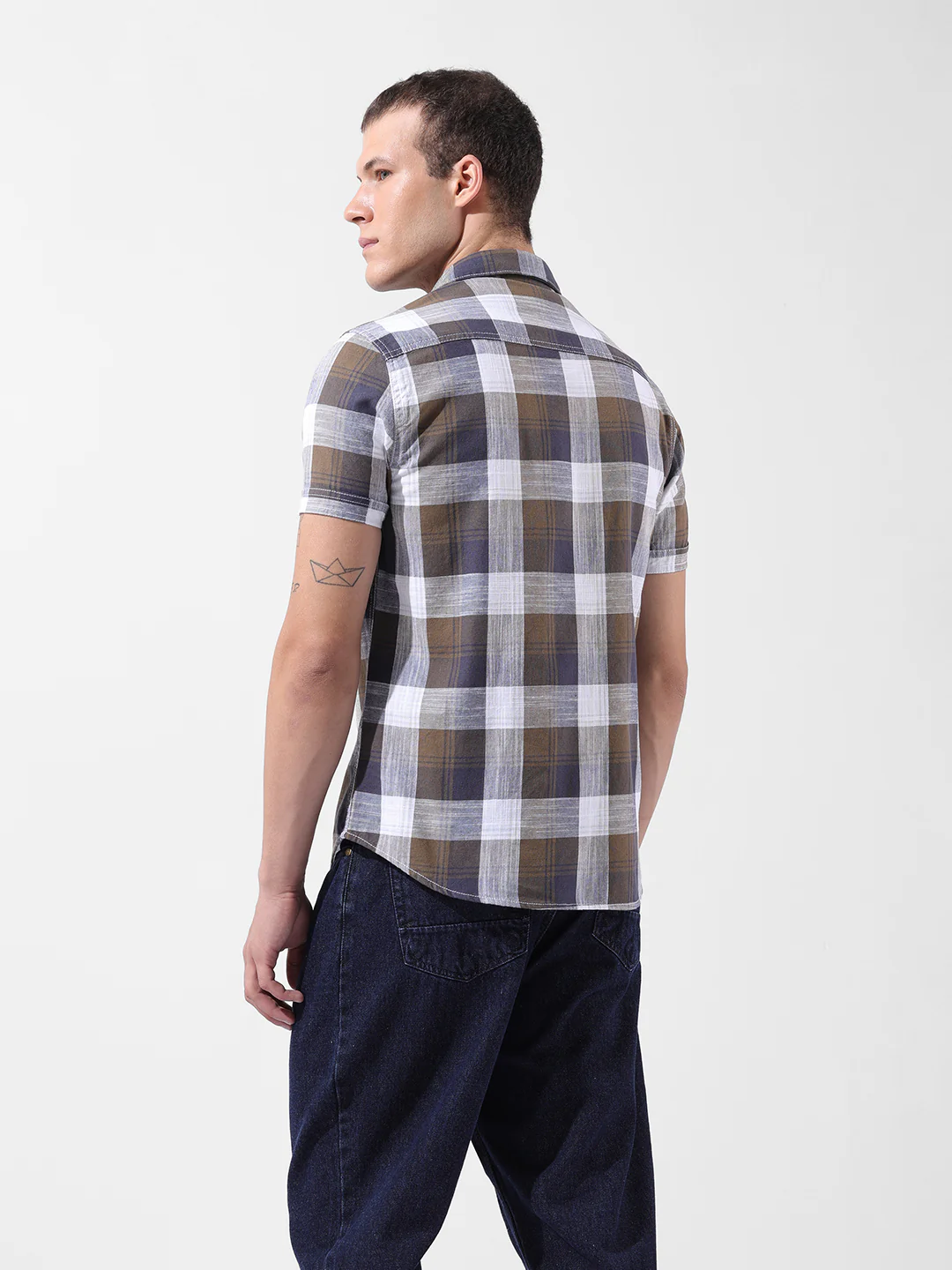 Men's Khaki Slim Fit Checked Casual Shirt - Image 5