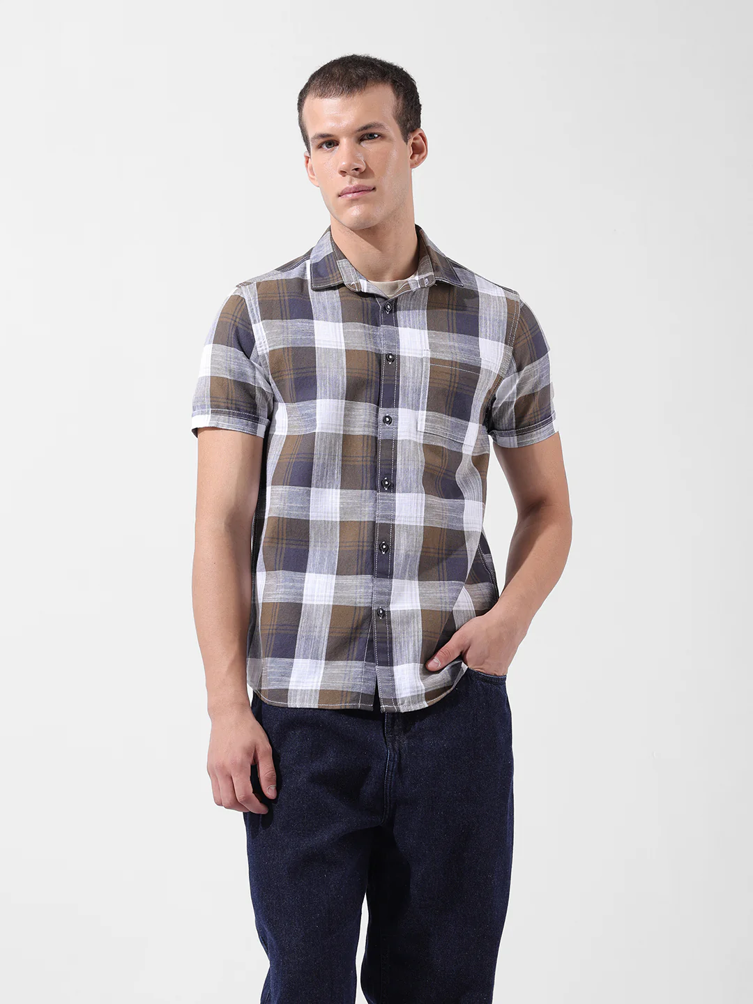 Men's Khaki Slim Fit Checked Casual Shirt - Image 7