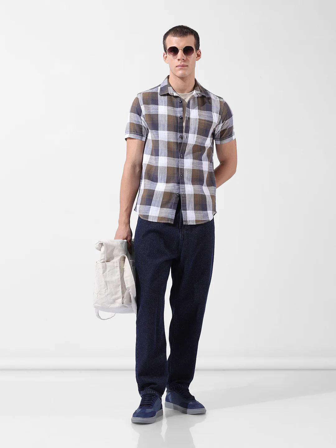 Men's Khaki Slim Fit Checked Casual Shirt - Image 8