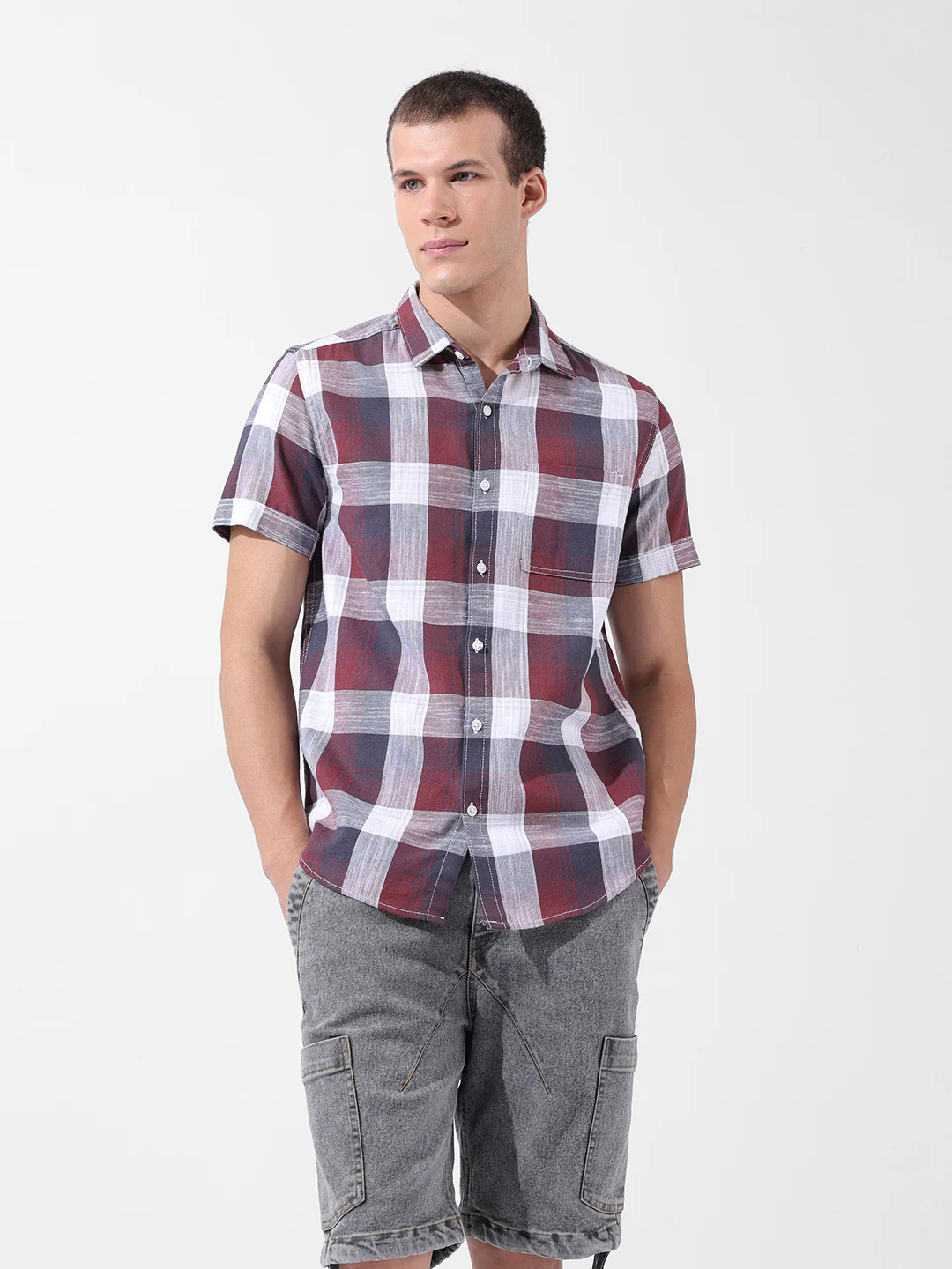 Men's Maroon Slim Fit Checked Casual Shirt - Image 7