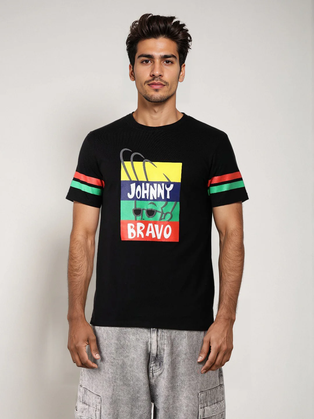 Men's Black Slim Fit Character Johnny Bravo Printed Crew Neck T-Shirt - Image 2