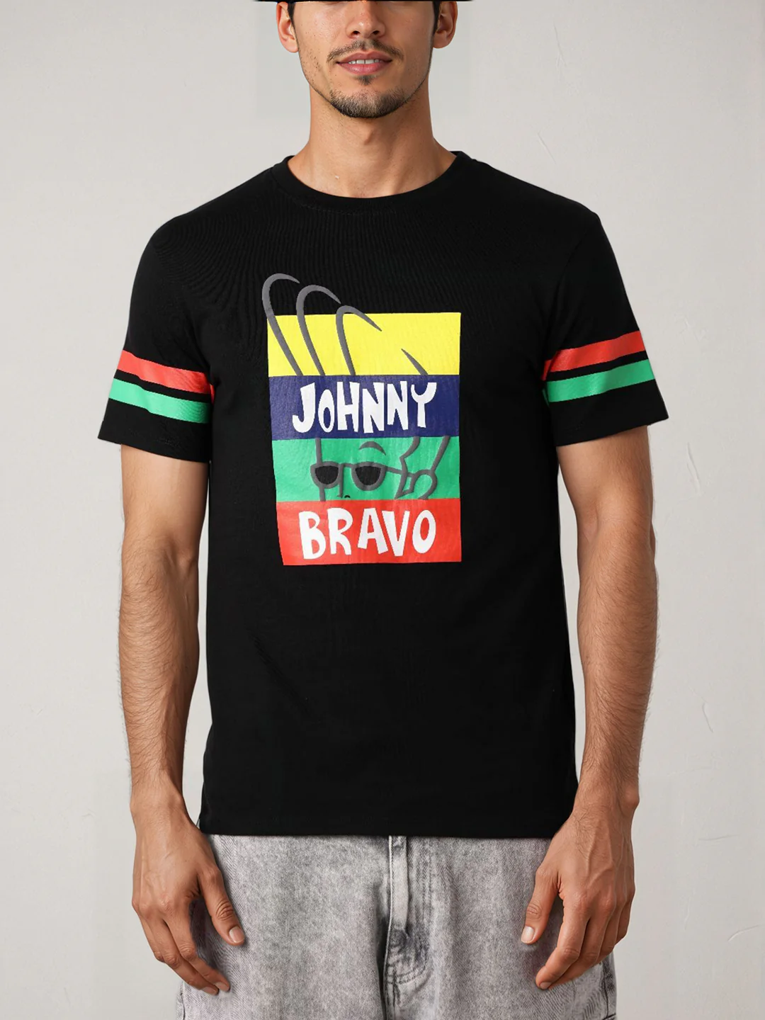 Men's Black Slim Fit Character Johnny Bravo Printed Crew Neck T-Shirt - Image 3