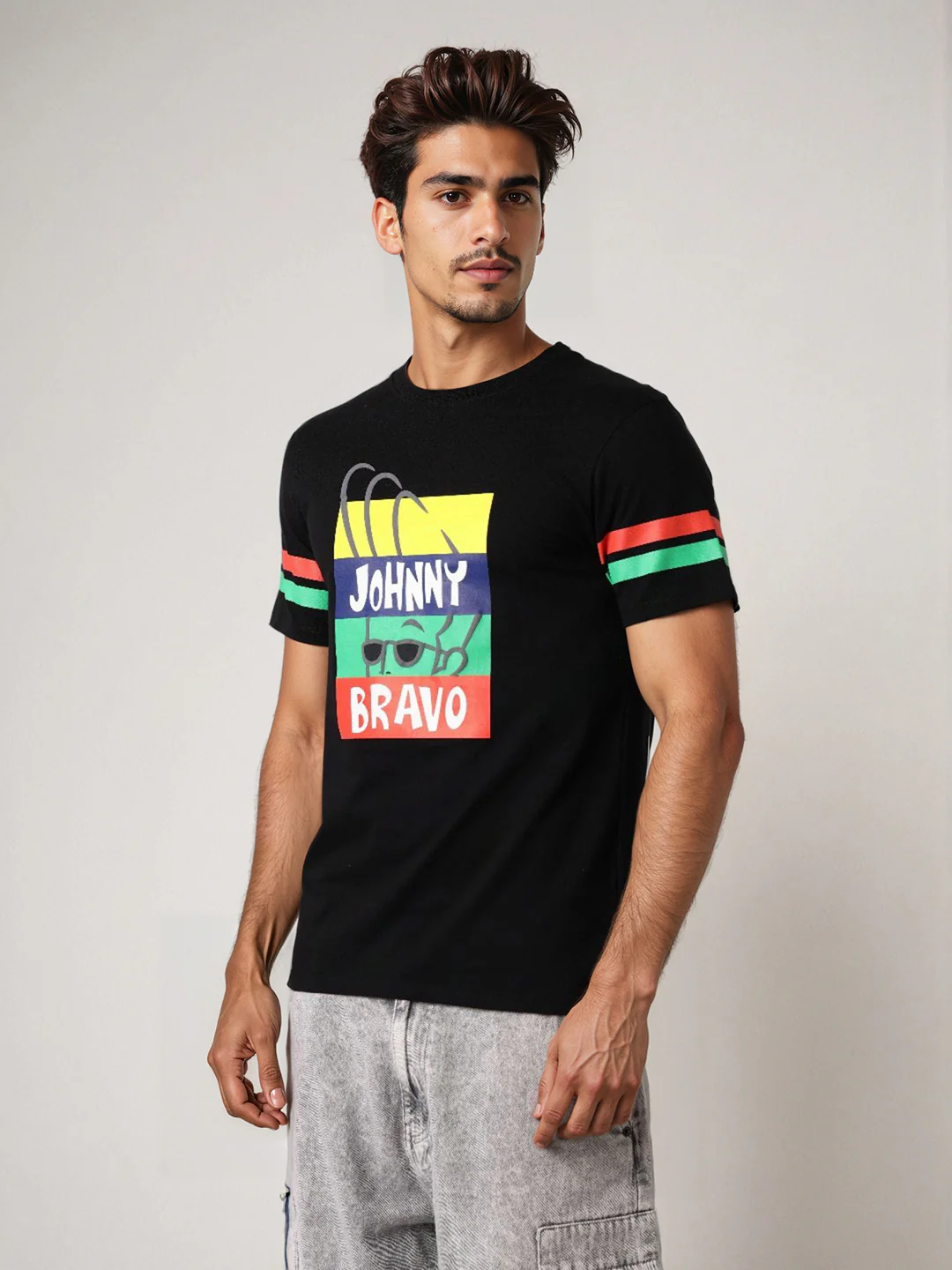 Men's Black Slim Fit Character Johnny Bravo Printed Crew Neck T-Shirt - Image 5