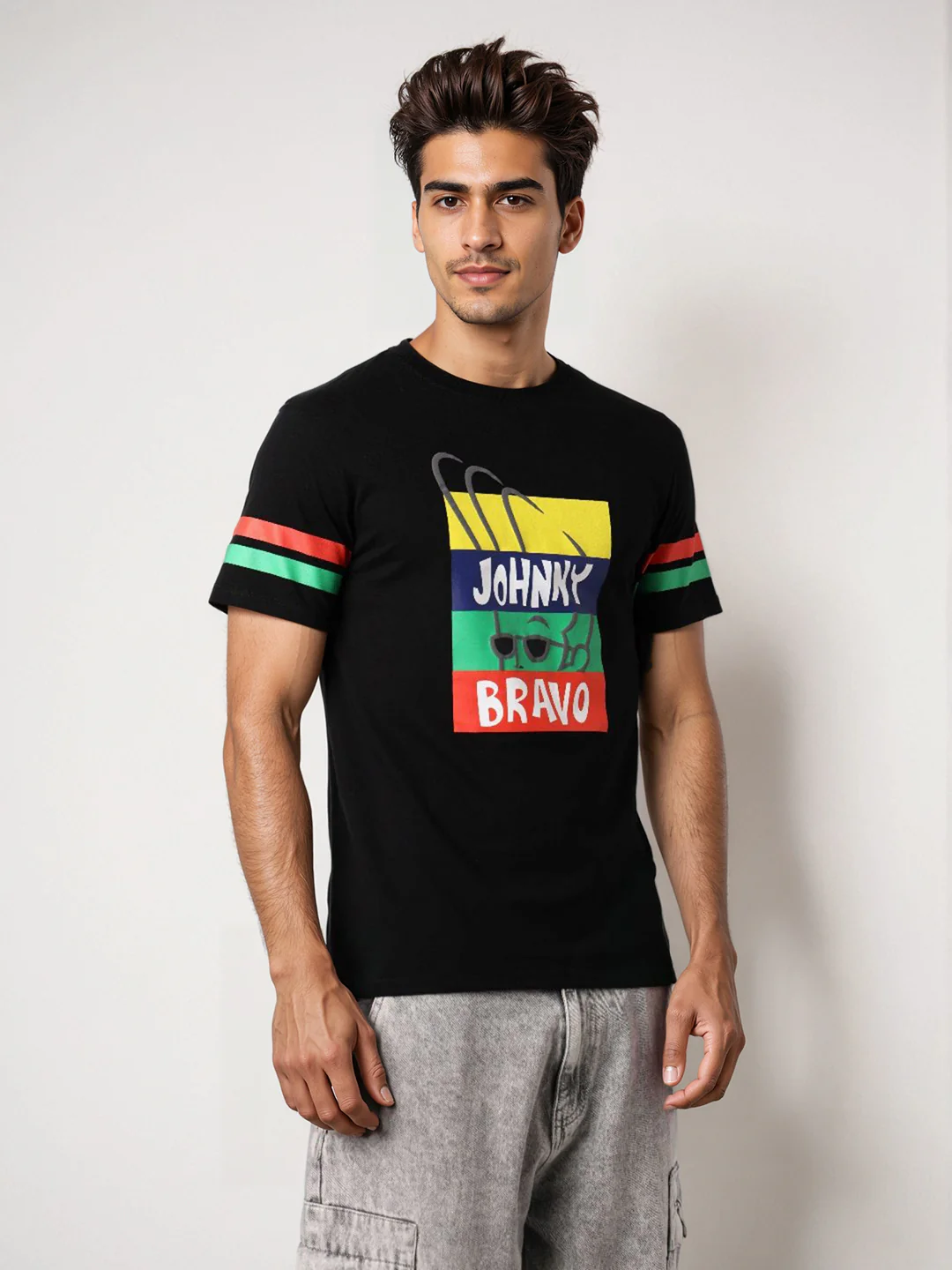 Men's Black Slim Fit Character Johnny Bravo Printed Crew Neck T-Shirt - Image 6