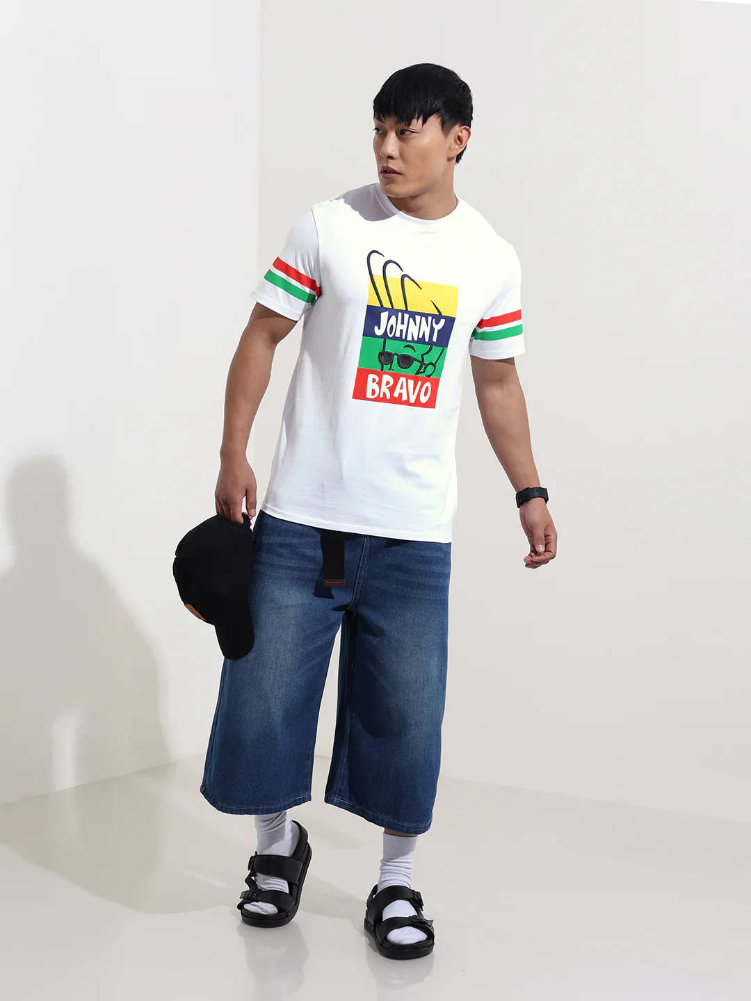 Men's White Slim Fit Character Johnny Bravo Printed Crew Neck T-Shirt - Image 2