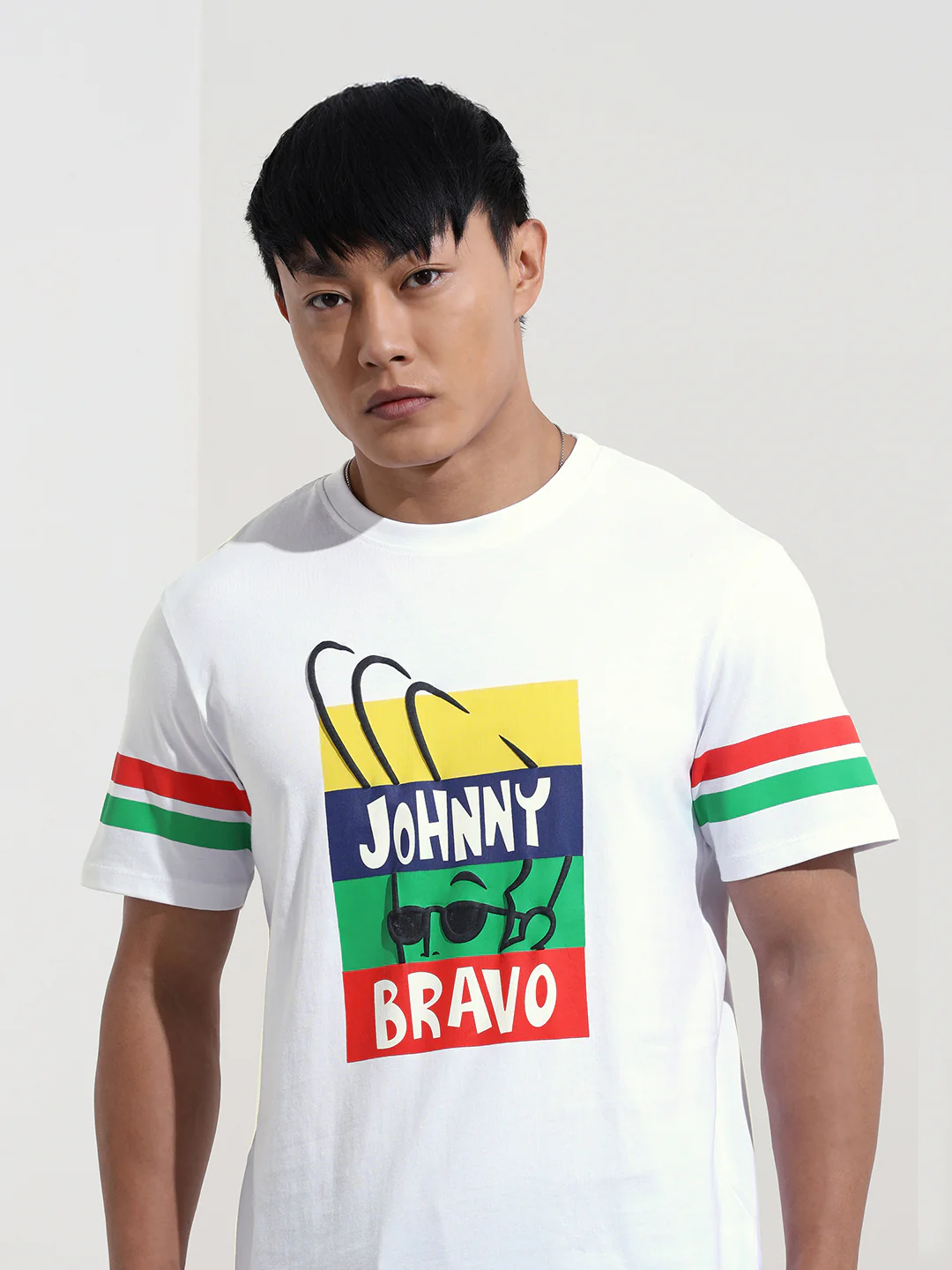 Men's White Slim Fit Character Johnny Bravo Printed Crew Neck T-Shirt - Image 3