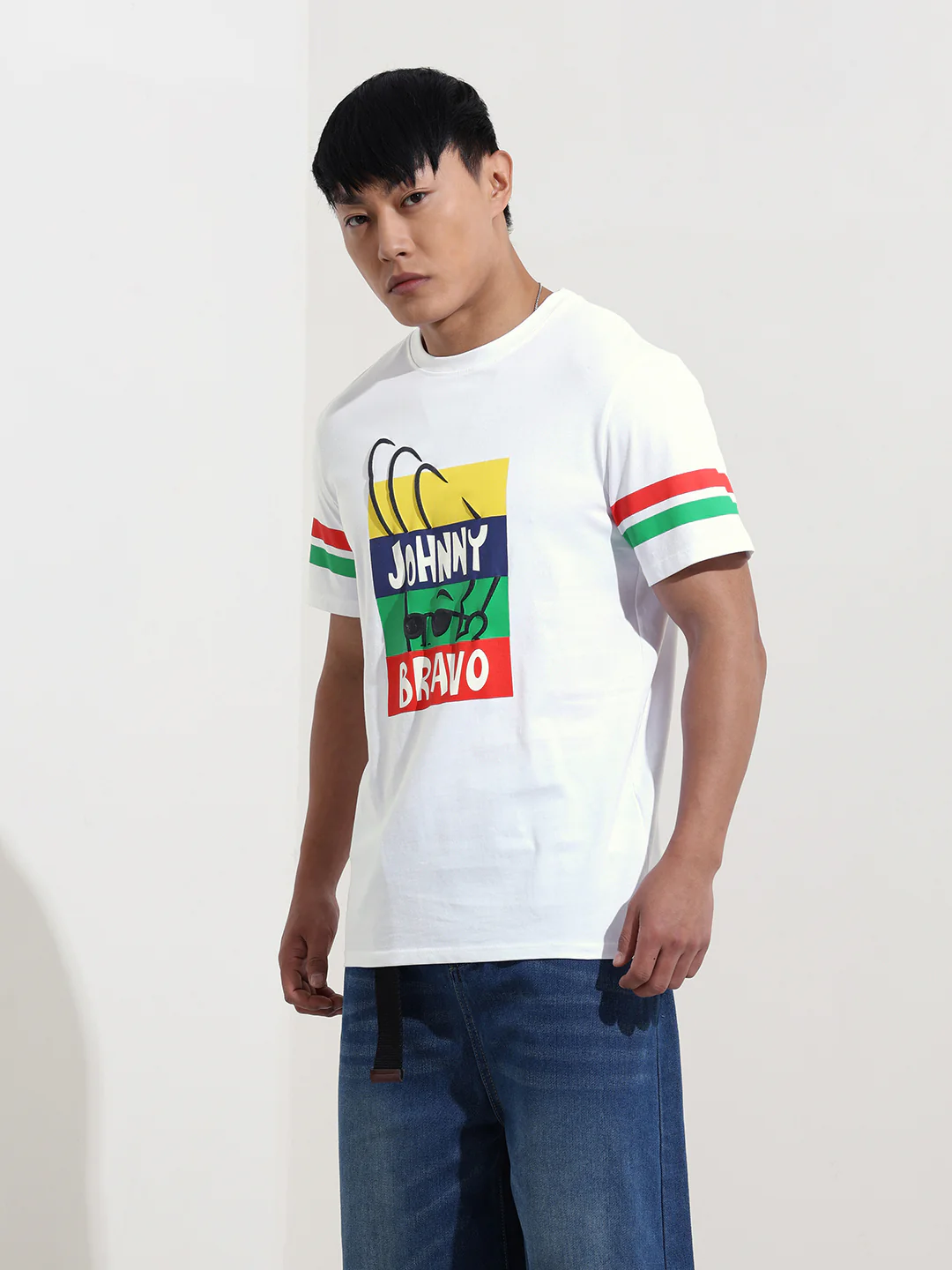 Men's White Slim Fit Character Johnny Bravo Printed Crew Neck T-Shirt - Image 4