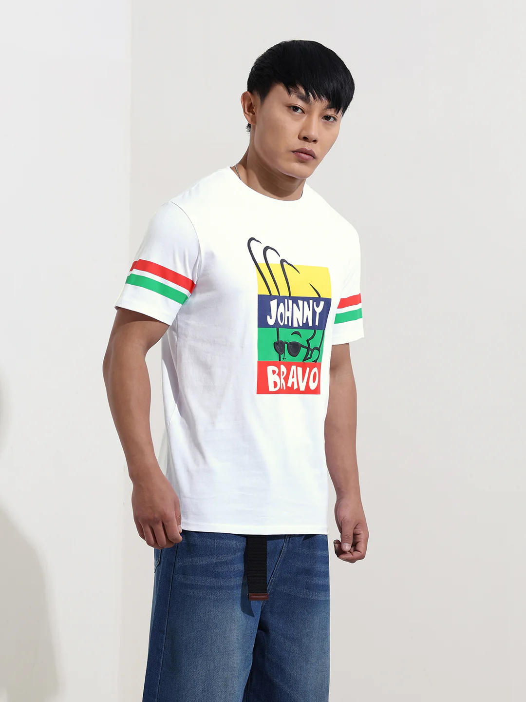 Men's White Slim Fit Character Johnny Bravo Printed Crew Neck T-Shirt - Image 5