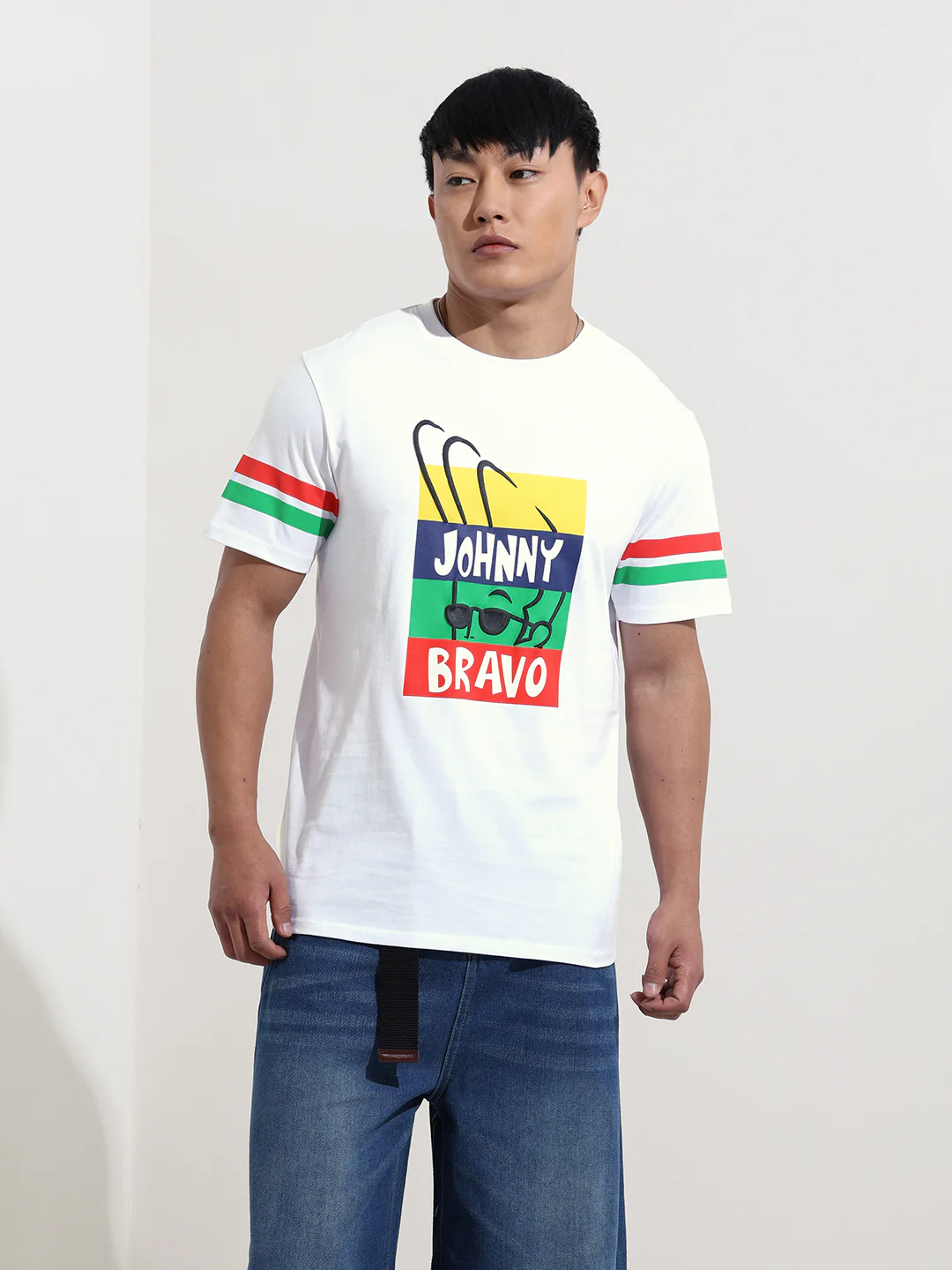 Men's White Slim Fit Character Johnny Bravo Printed Crew Neck T-Shirt - Image 6