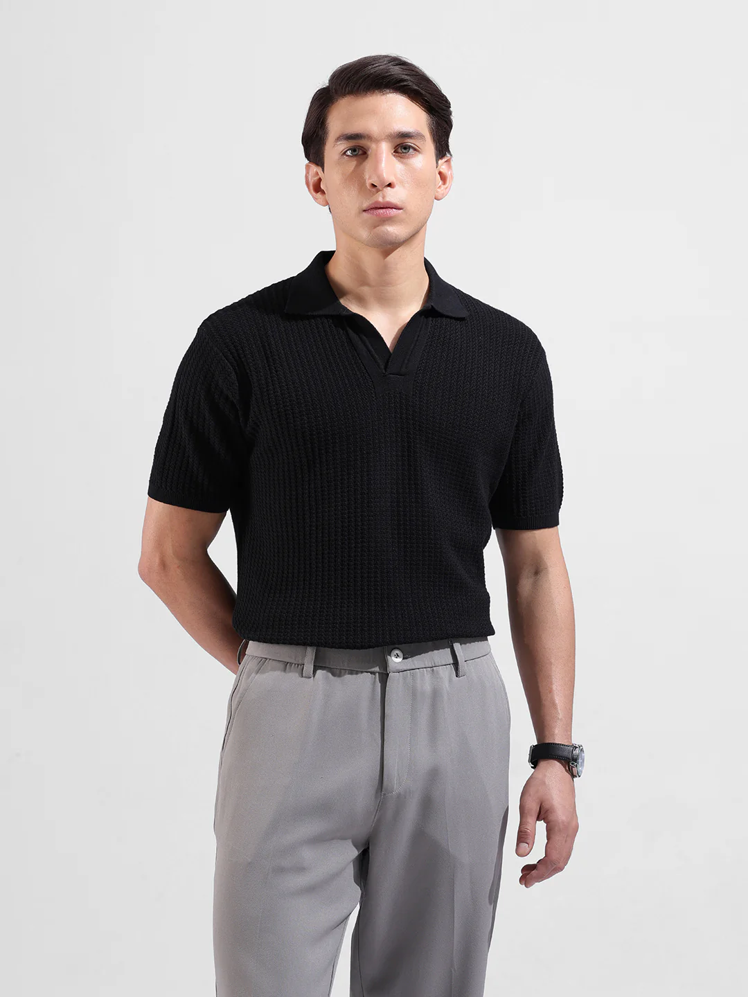 Men's Black Slim Fit Solid Flat Knit T-Shirt - Image 2