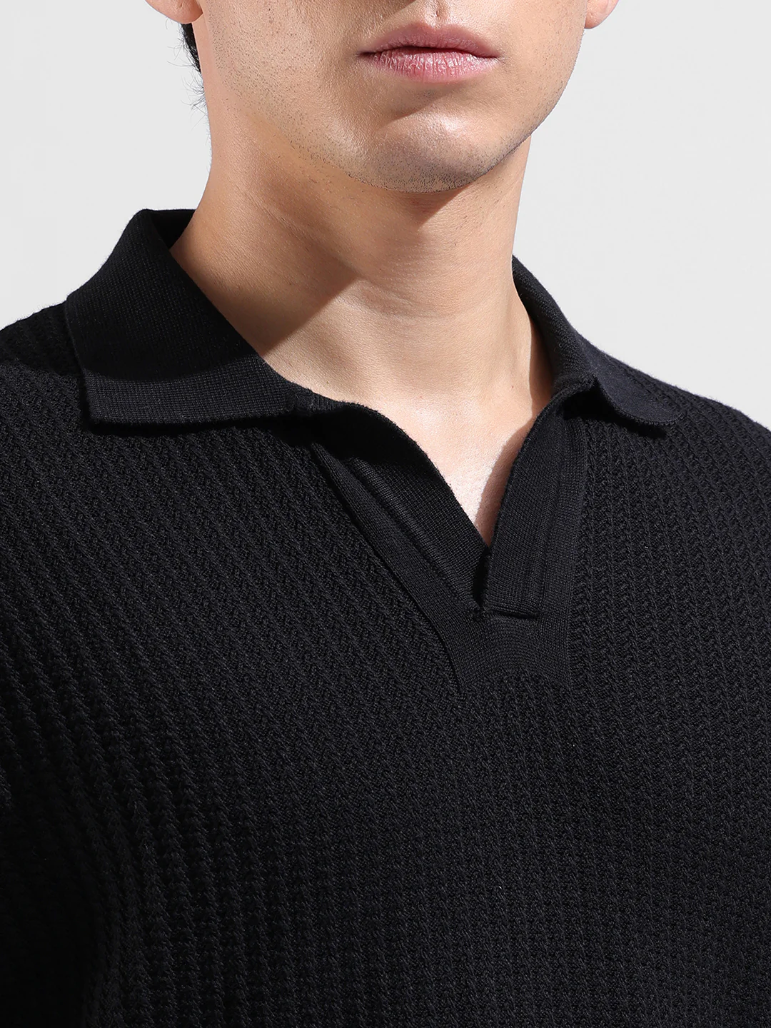 Men's Black Slim Fit Solid Flat Knit T-Shirt - Image 3