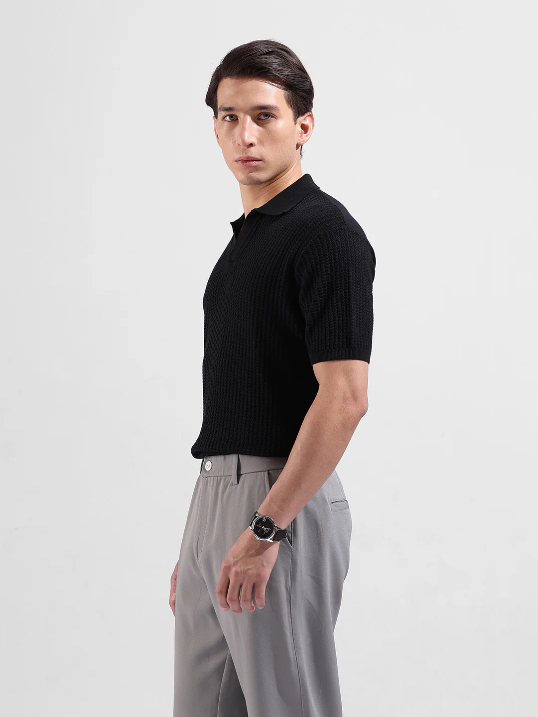 Men's Black Slim Fit Solid Flat Knit T-Shirt - Image 4