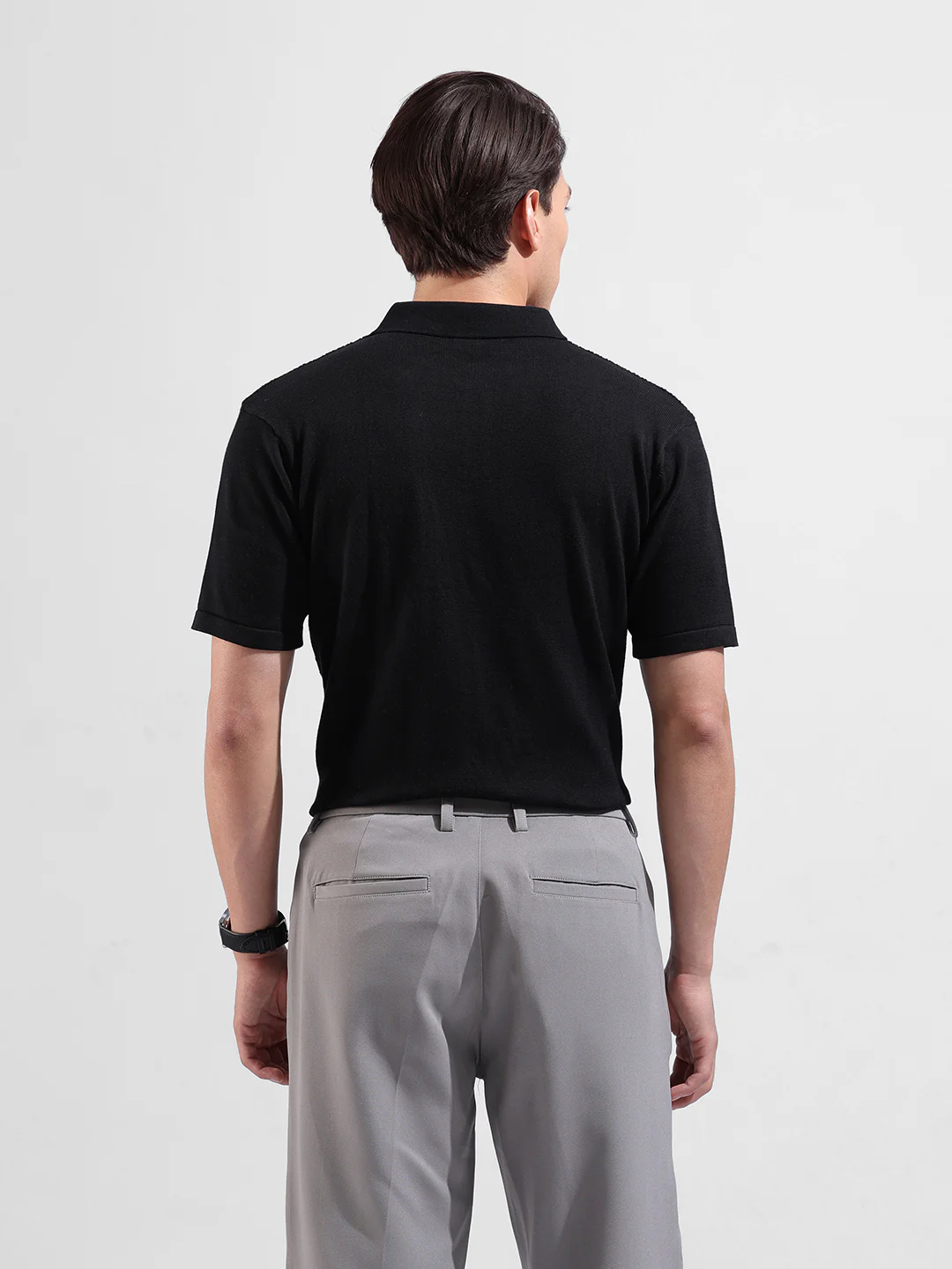 Men's Black Slim Fit Solid Flat Knit T-Shirt - Image 7