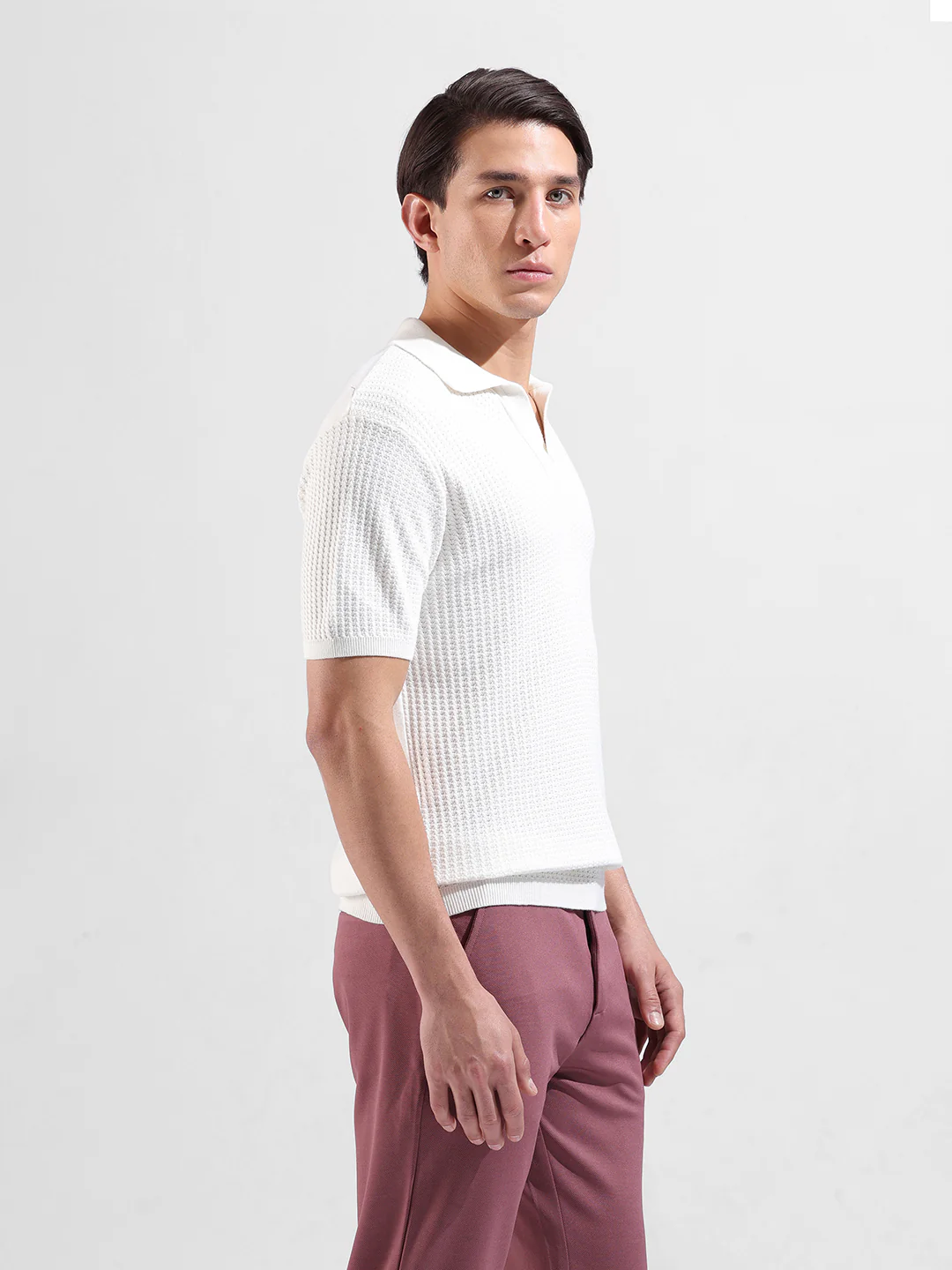 Men's White Slim Fit Solid Flat Knit T-Shirt - Image 2