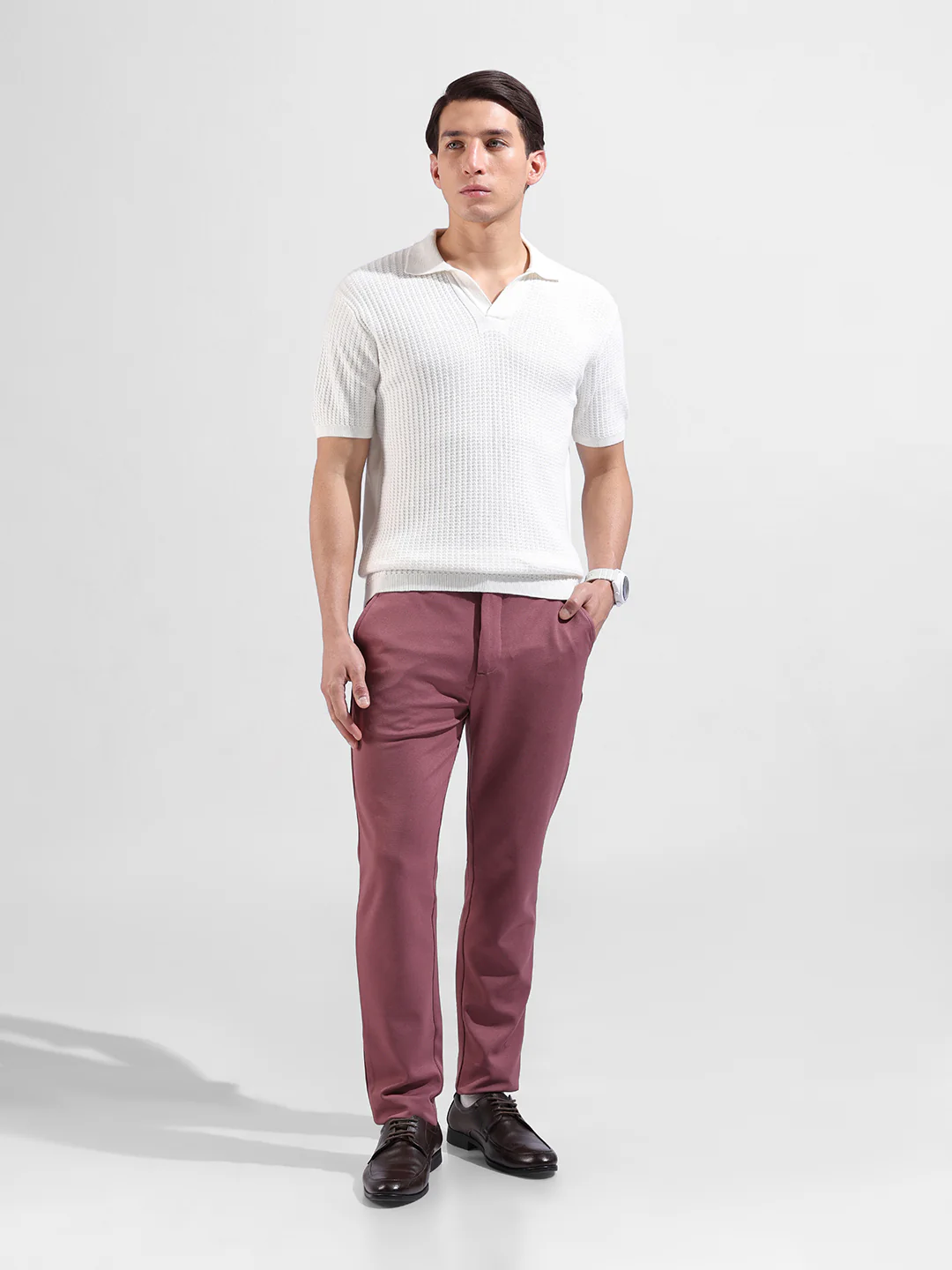 Men's White Slim Fit Solid Flat Knit T-Shirt - Image 5