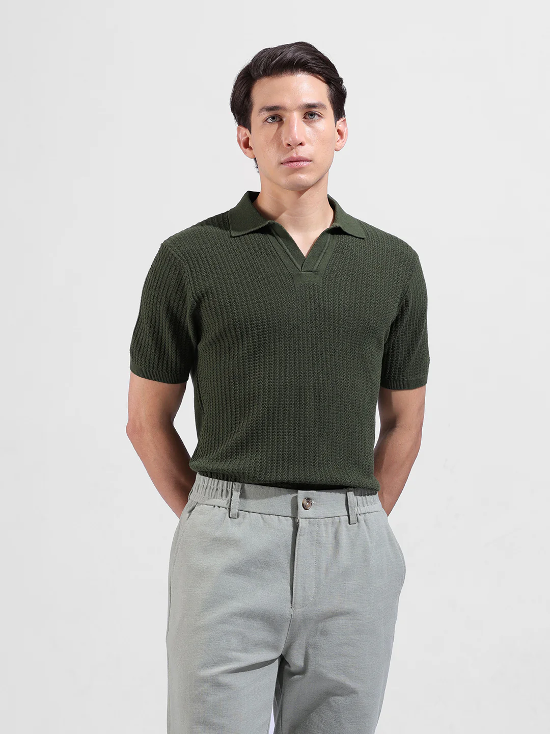 Men's Green Slim Fit Striped Flat Knit Polo Neck T-Shirt - Image 2