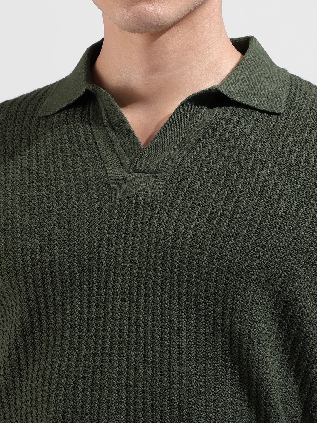 Men's Green Slim Fit Striped Flat Knit Polo Neck T-Shirt - Image 3