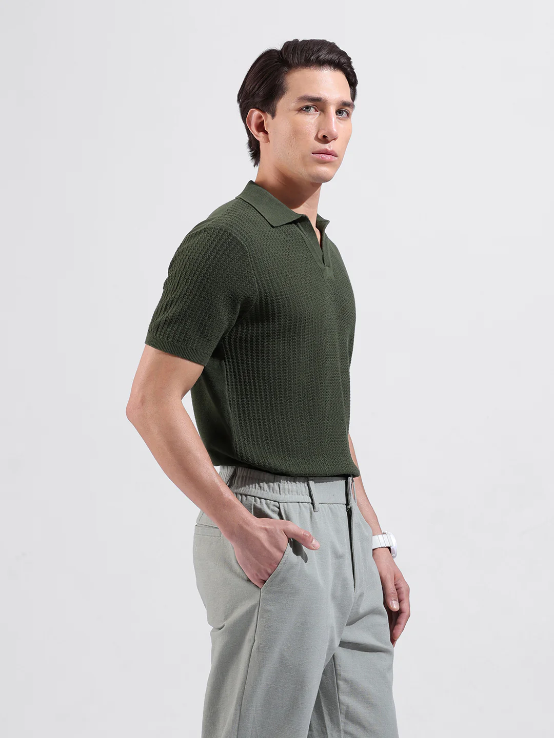 Men's Green Slim Fit Striped Flat Knit Polo Neck T-Shirt - Image 4