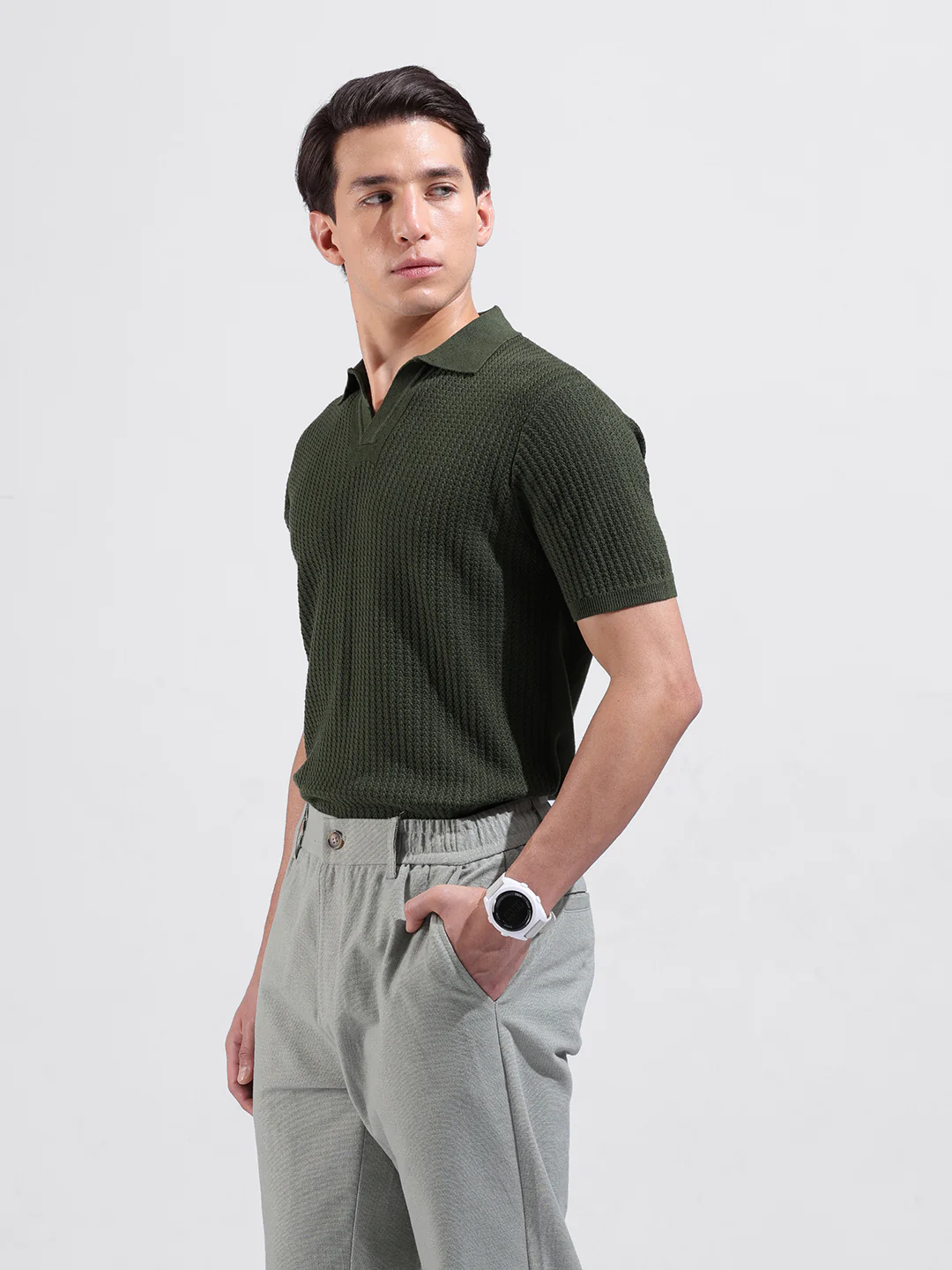 Men's Green Slim Fit Striped Flat Knit Polo Neck T-Shirt - Image 5