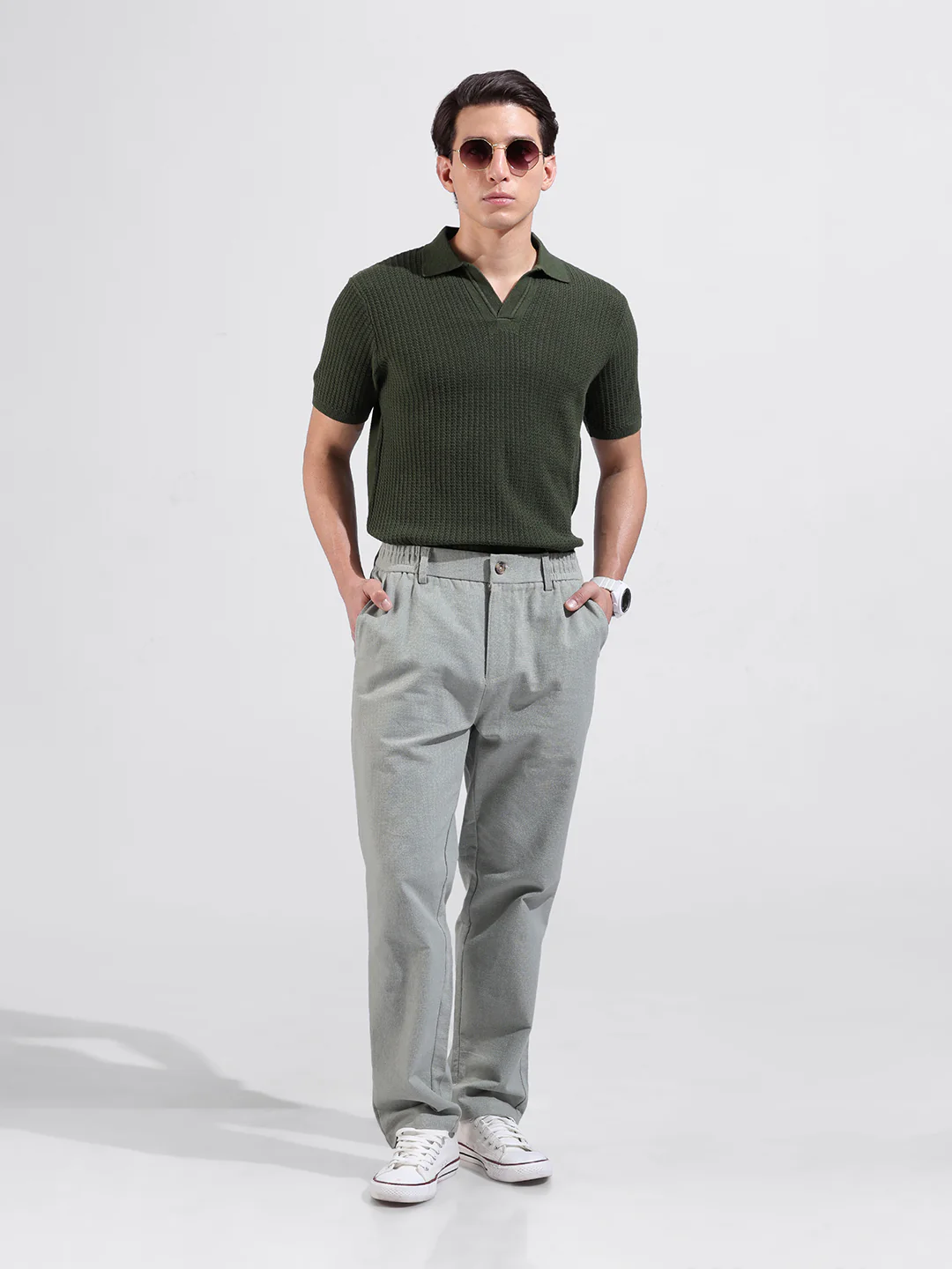 Men's Green Slim Fit Striped Flat Knit Polo Neck T-Shirt - Image 6