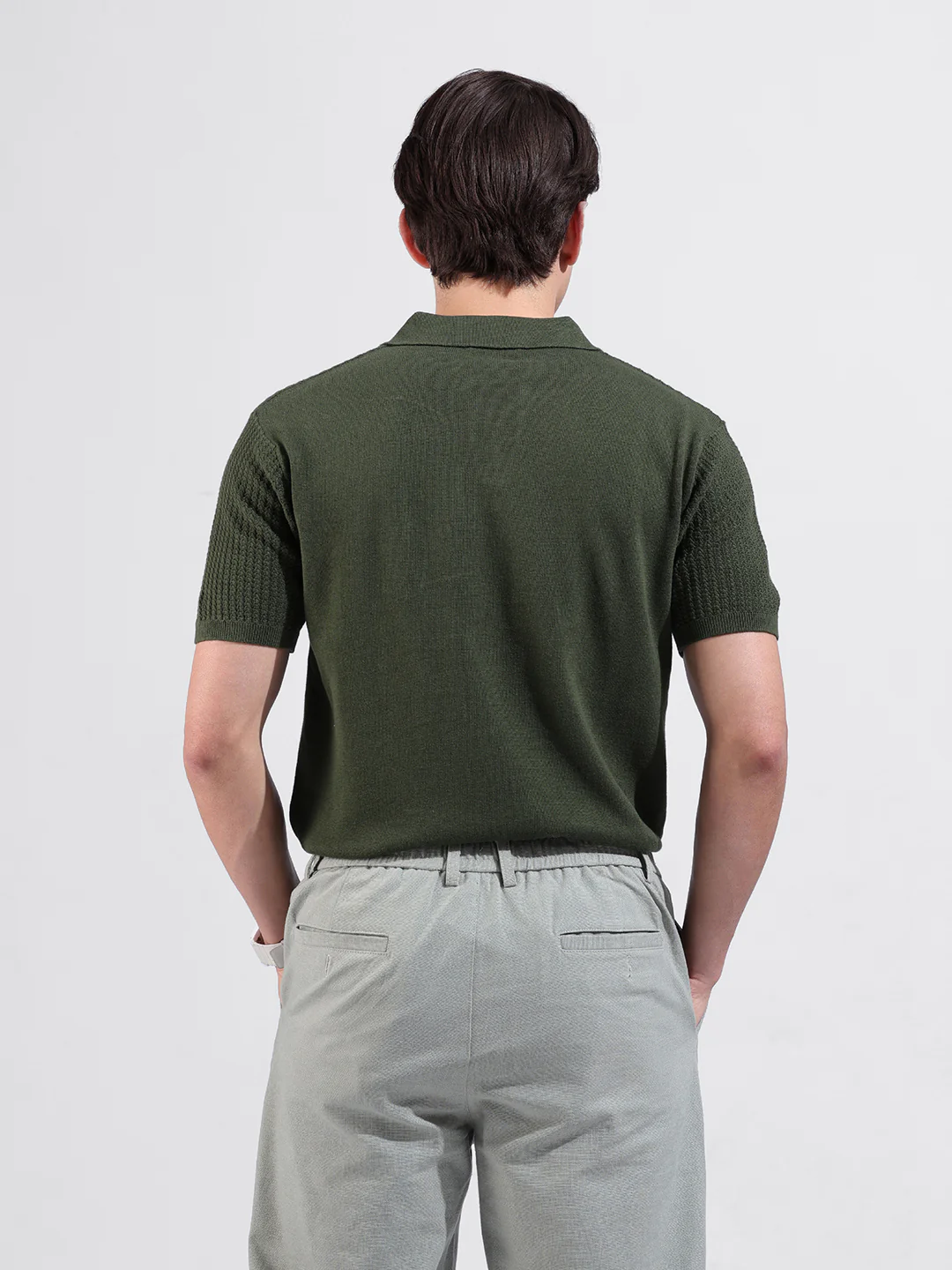 Men's Green Slim Fit Striped Flat Knit Polo Neck T-Shirt - Image 7