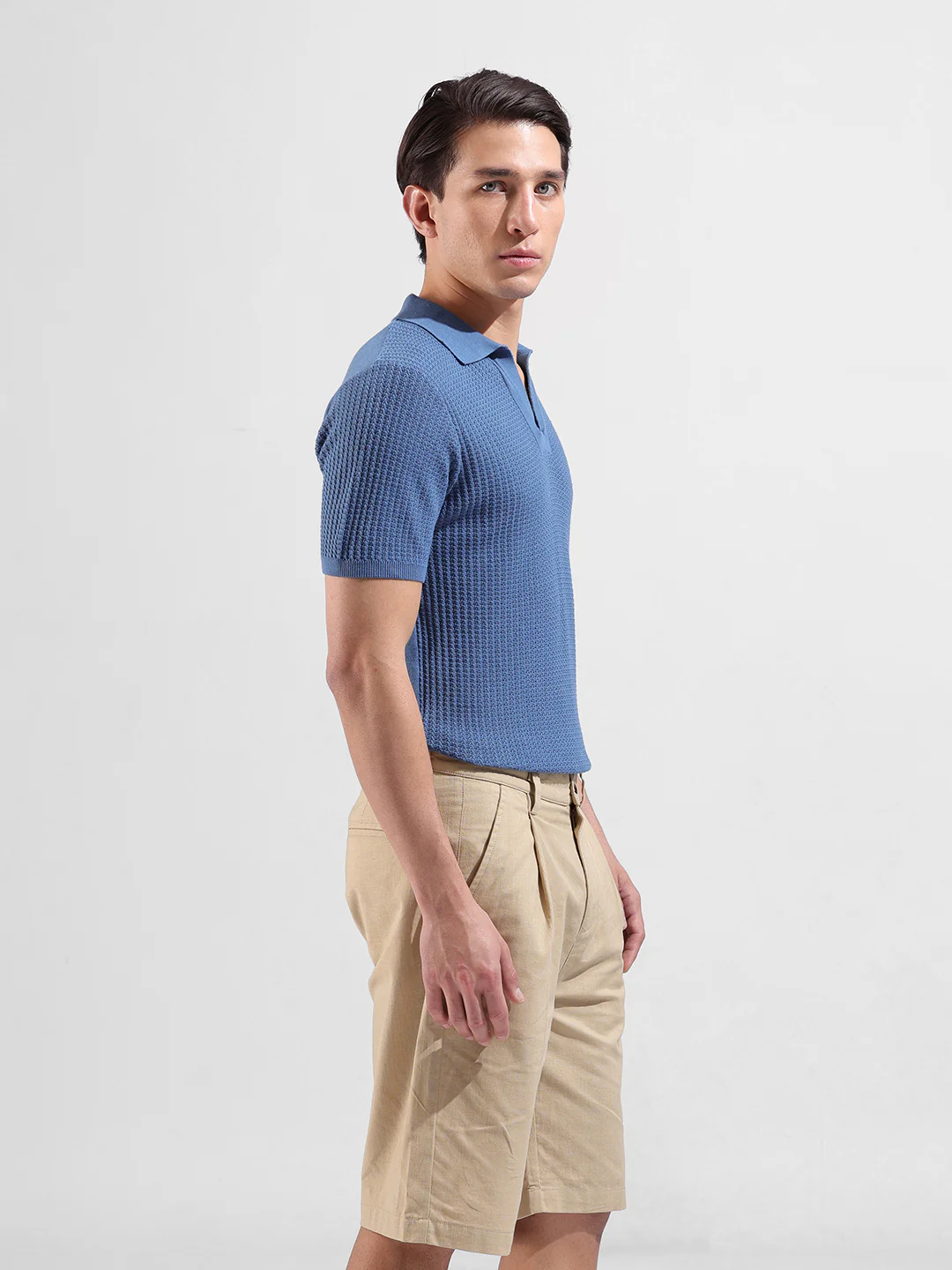 Men's Blue Slim Fit Solid Flat Knit T-Shirt - Image 4