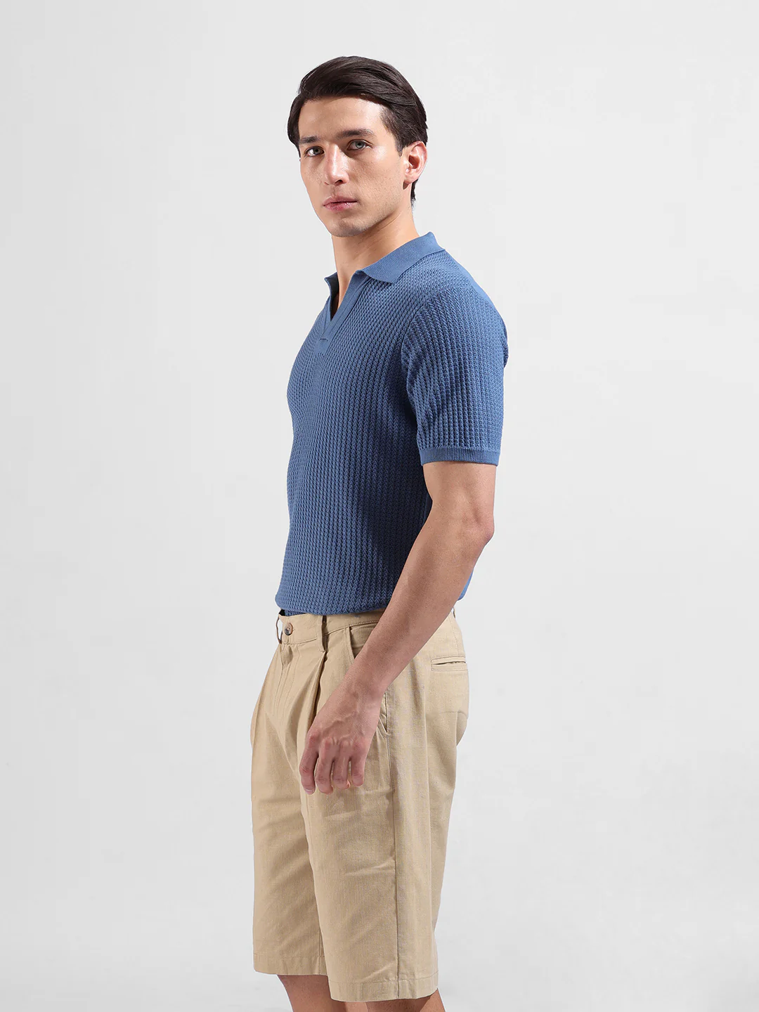 Men's Blue Slim Fit Solid Flat Knit T-Shirt - Image 5
