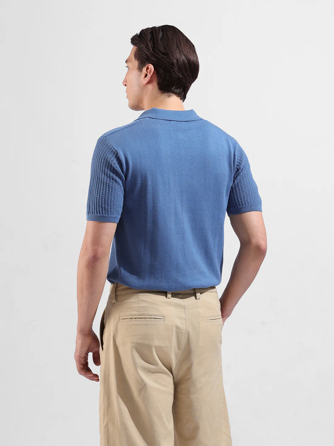 Men's Blue Slim Fit Solid Flat Knit T-Shirt - Image 6