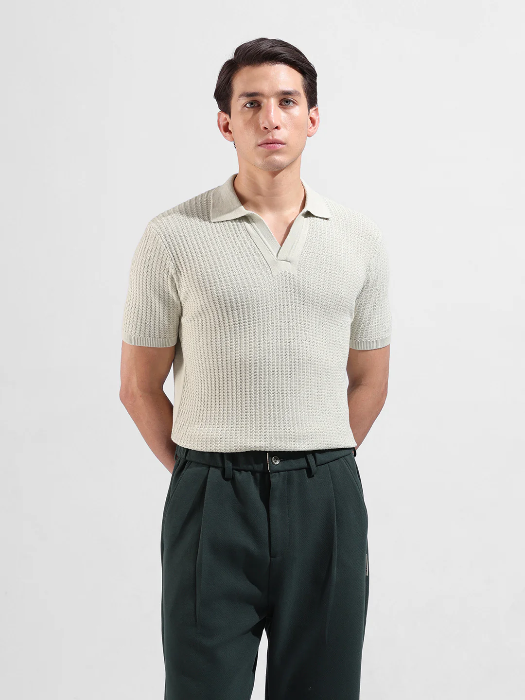 Men's Green Slim Fit Solid Flat Knit Polo Neck T-Shirt - Image 2