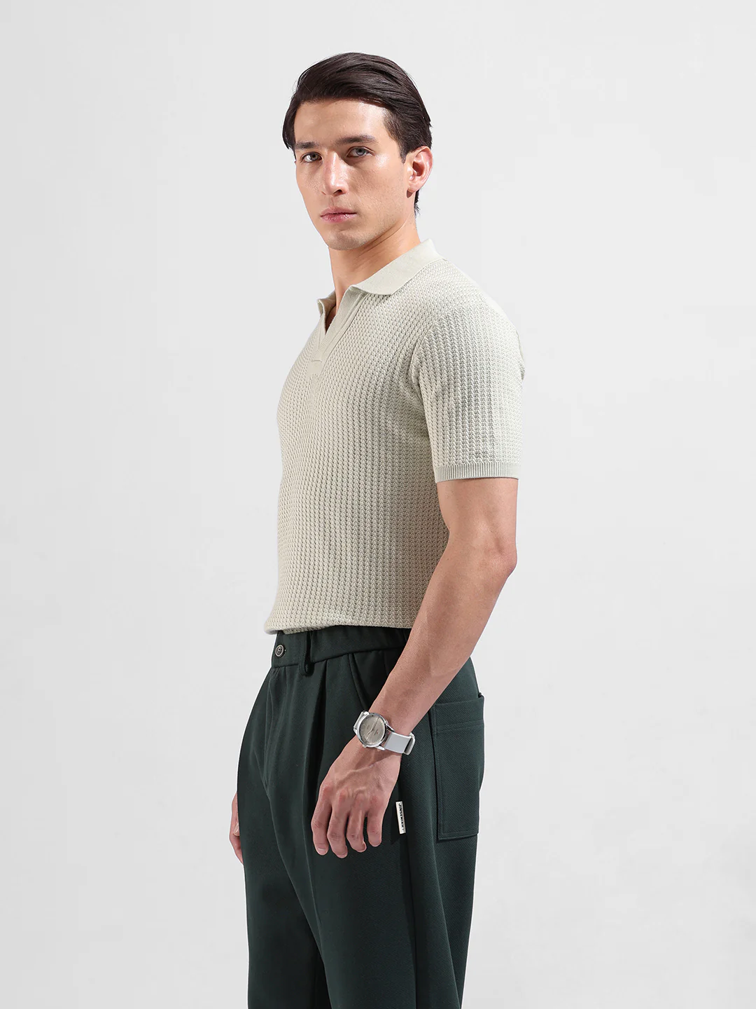 Men's Green Slim Fit Solid Flat Knit Polo Neck T-Shirt - Image 4