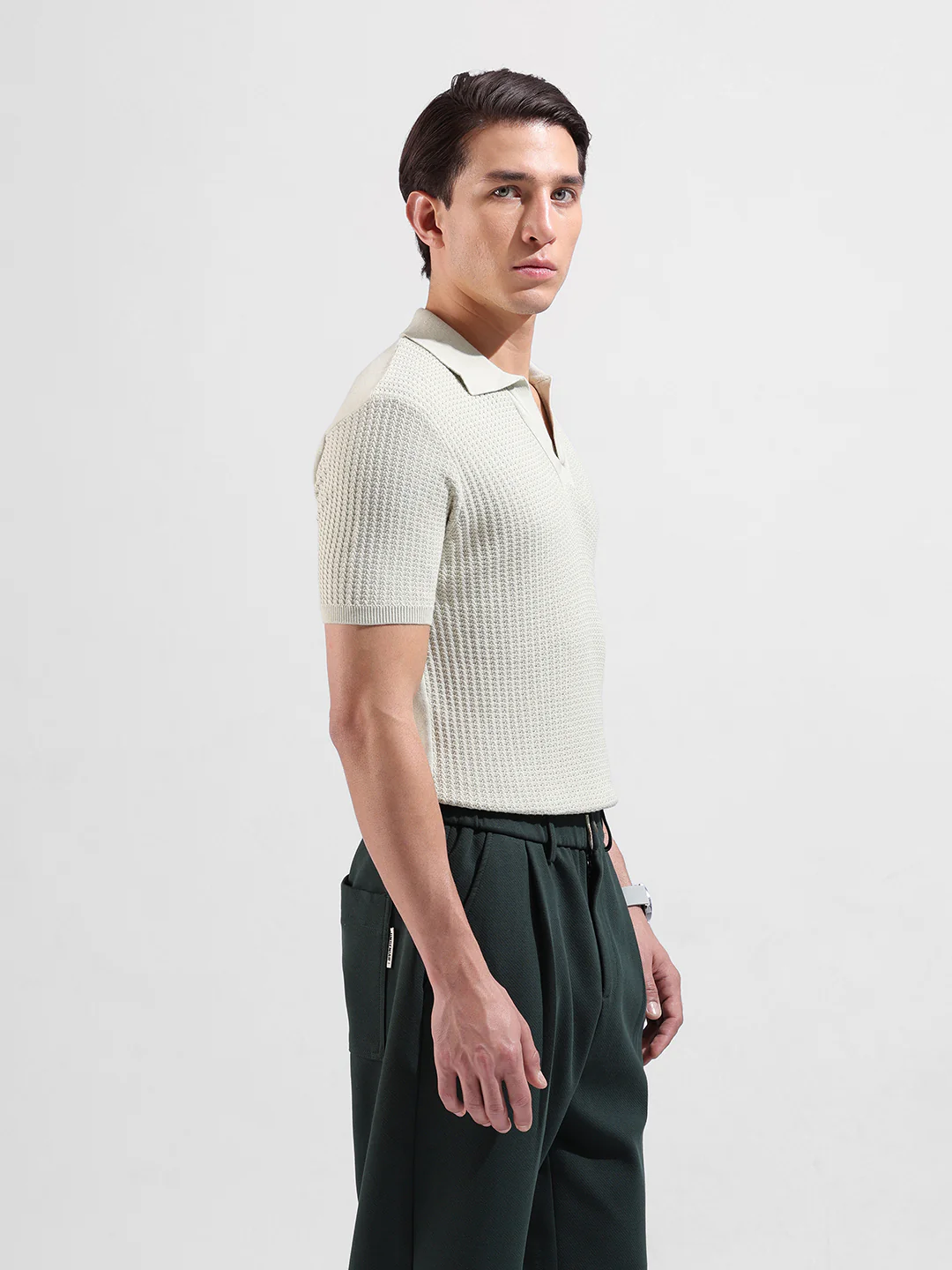 Men's Green Slim Fit Solid Flat Knit Polo Neck T-Shirt - Image 5