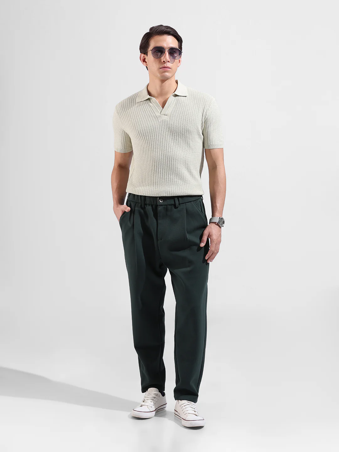 Men's Green Slim Fit Solid Flat Knit Polo Neck T-Shirt - Image 6