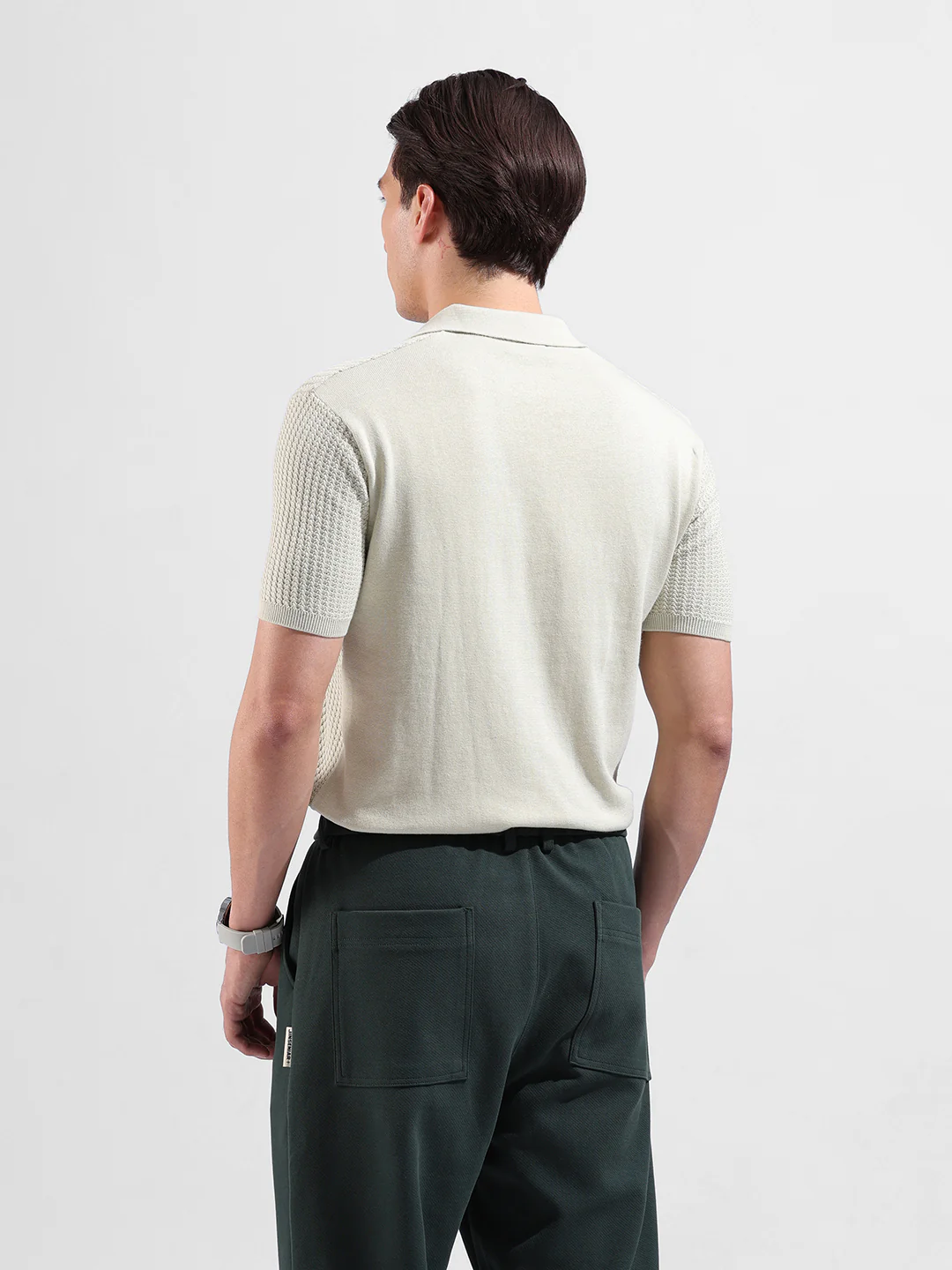 Men's Green Slim Fit Solid Flat Knit Polo Neck T-Shirt - Image 7