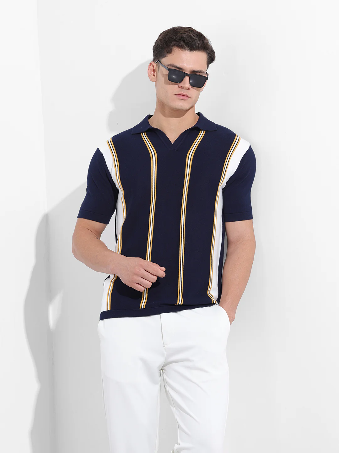 Men's Blue Slim Fit Striped Flat Knit Polo Neck T-Shirt - Image 2
