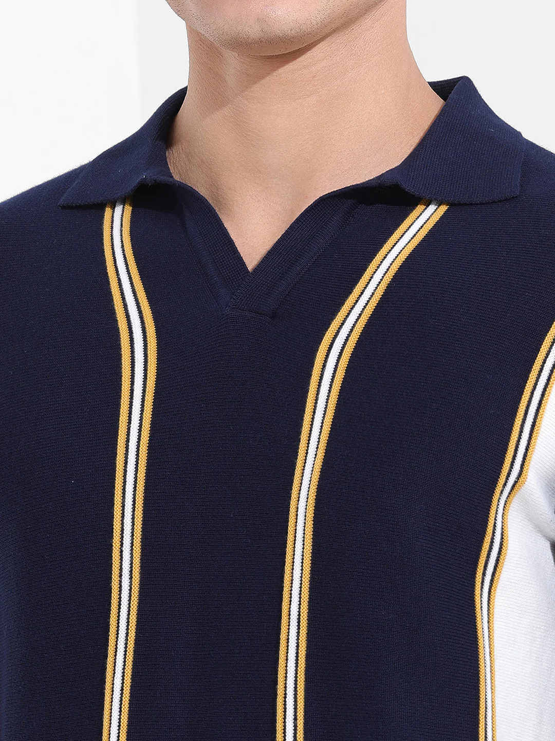 Men's Blue Slim Fit Striped Flat Knit Polo Neck T-Shirt - Image 3