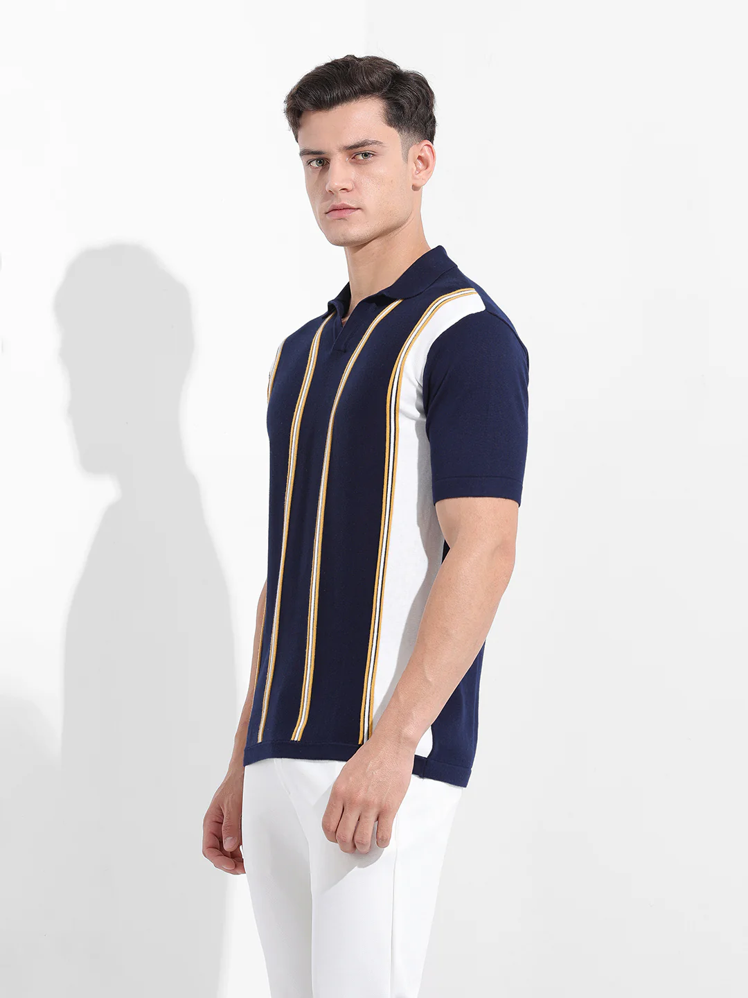 Men's Blue Slim Fit Striped Flat Knit Polo Neck T-Shirt - Image 4