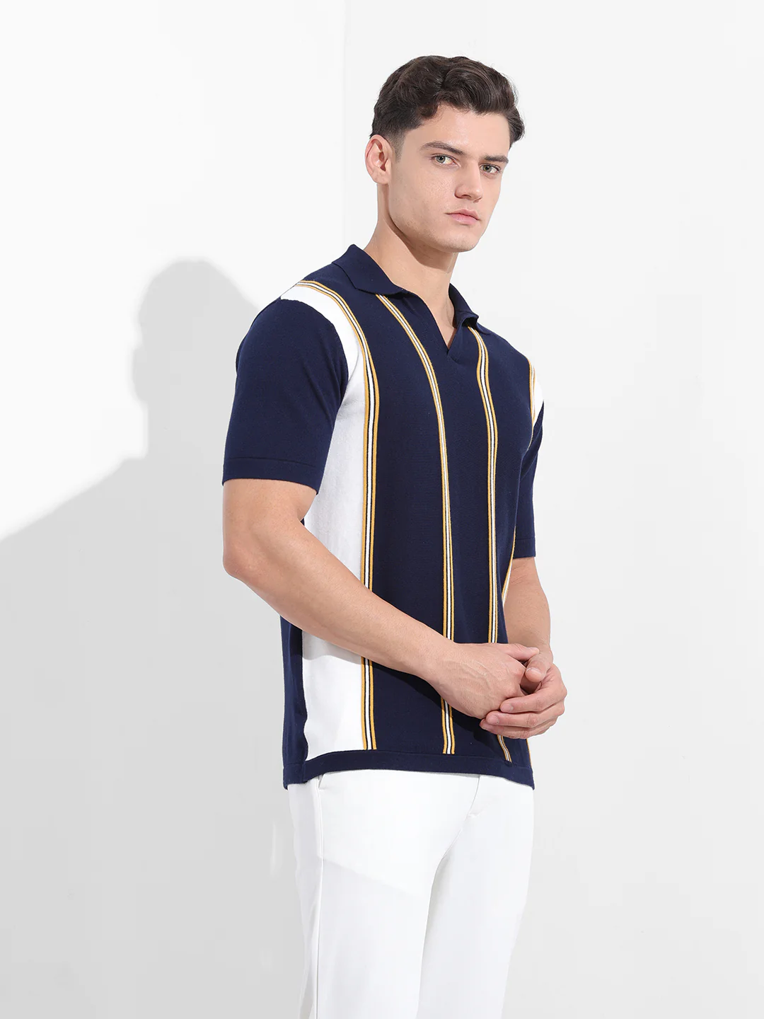 Men's Blue Slim Fit Striped Flat Knit Polo Neck T-Shirt - Image 5