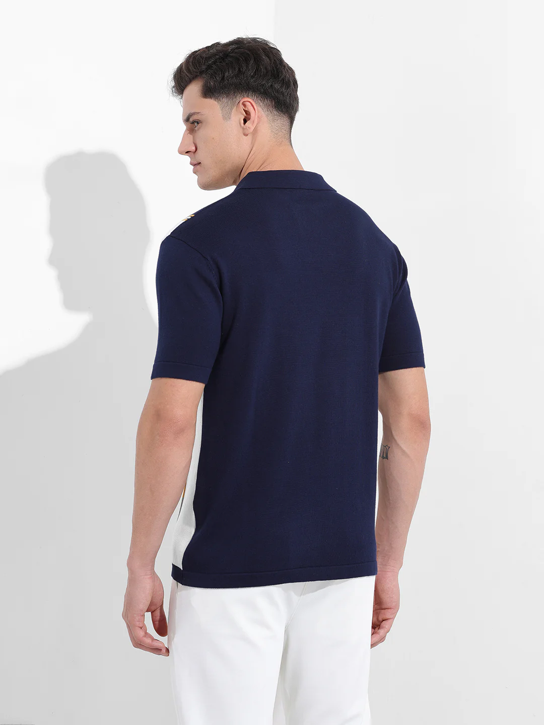 Men's Blue Slim Fit Striped Flat Knit Polo Neck T-Shirt - Image 6