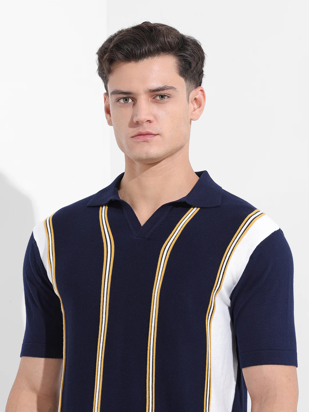 Men's Blue Slim Fit Striped Flat Knit Polo Neck T-Shirt - Image 7