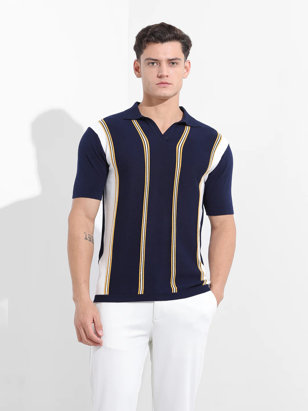 Men's Blue Slim Fit Striped Flat Knit Polo Neck T-Shirt - Image 8